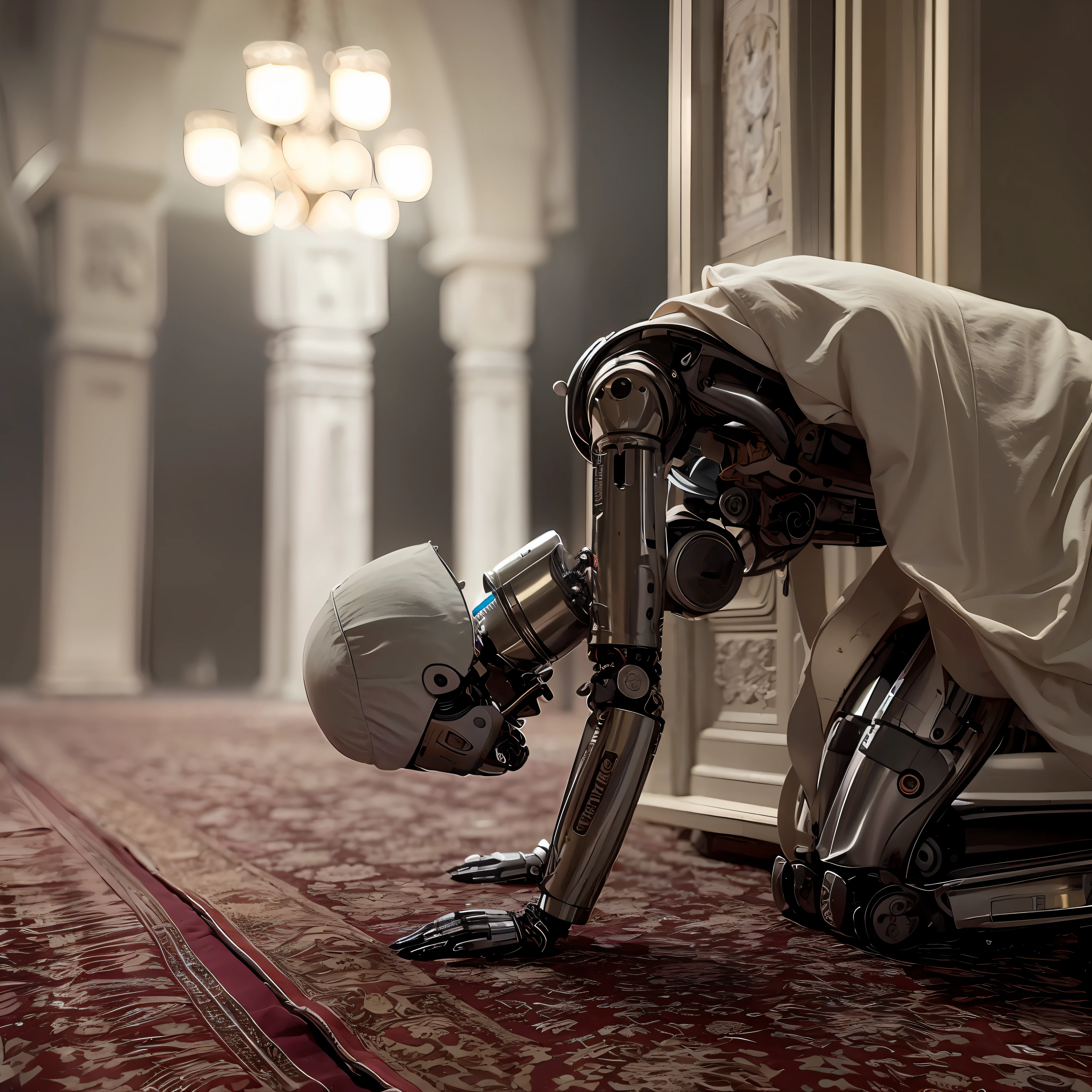 there is a robot that is kneeling down on the floor, robot religion, um ciborgue meditando, robot photography, robot pope, Direction: Kurt Roesch, artificial intelligence god, humanoide agachado, pathetic robot, robotic feeling, posando roboticamente, robotic body, transumanismo, only one robot ??? on the ground, Ajoelhado
