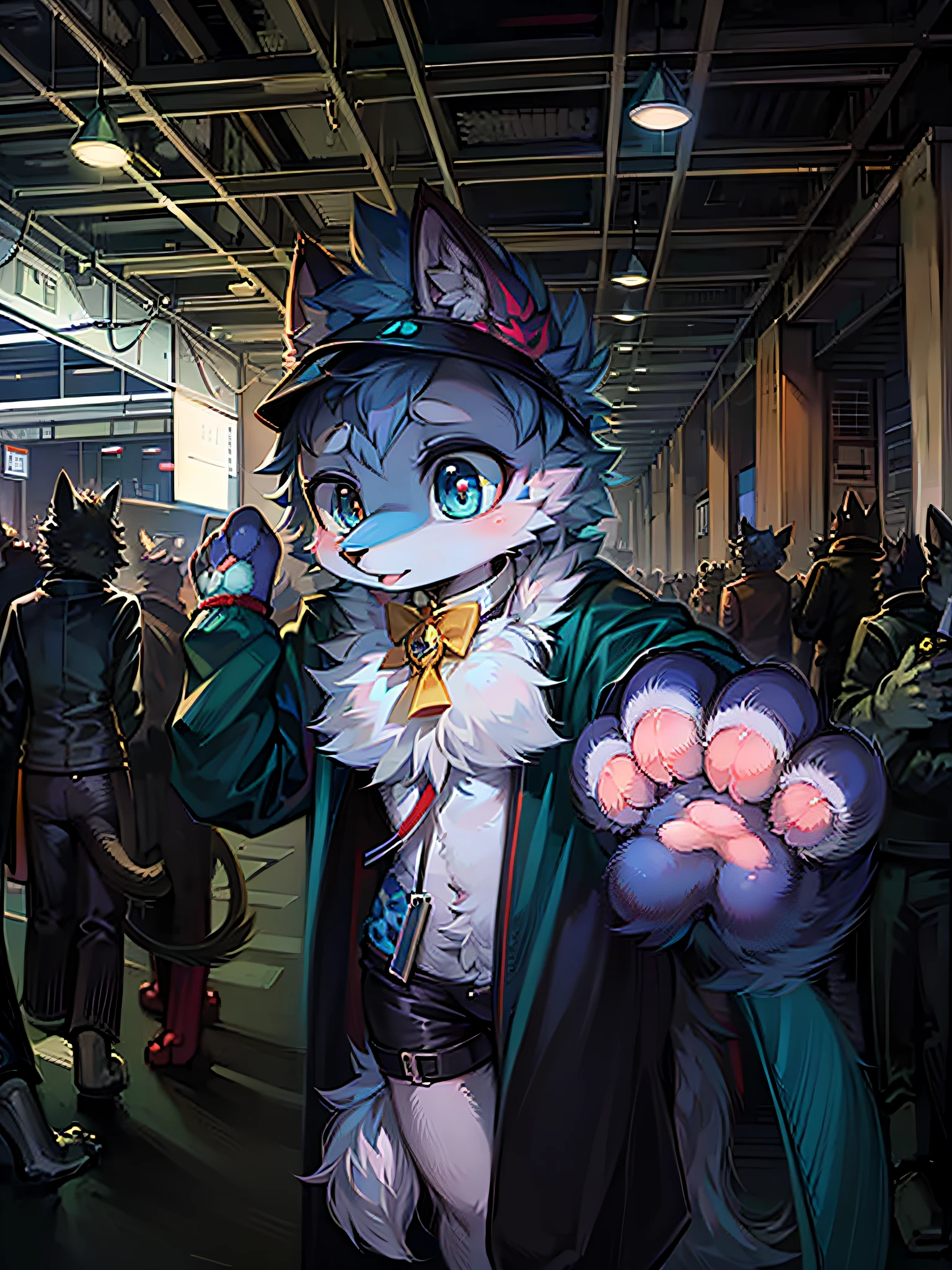 there is a man in a costume with a cat mask and a cat puppet, fursona!!!!, furry fursona, fursuit, furry character, furry anime, fursuit!!!!, female fursona, furry convention, fursona, furry paws furry, furry shot, the furry fursuit is running, neko, very furry, furry artist, pov furry art, anthropomorphic lynx