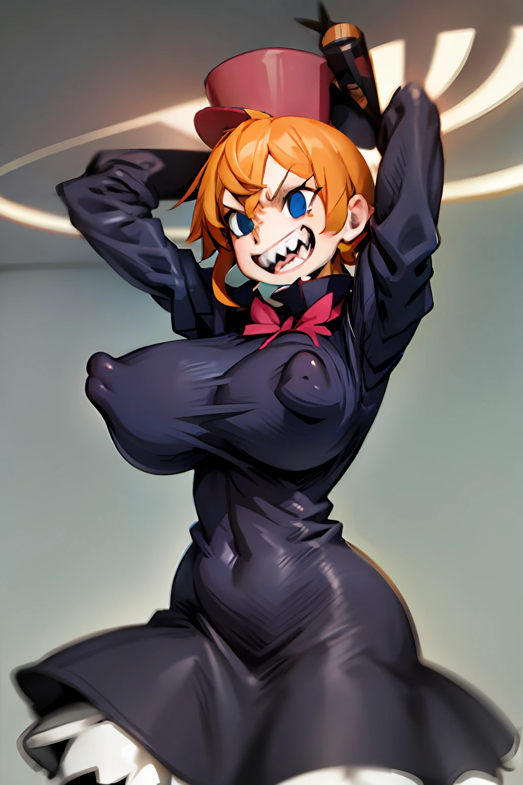 1girl, sgpeacock, mechanical arms, sharp teeth, hat, dress big breast, wide hips