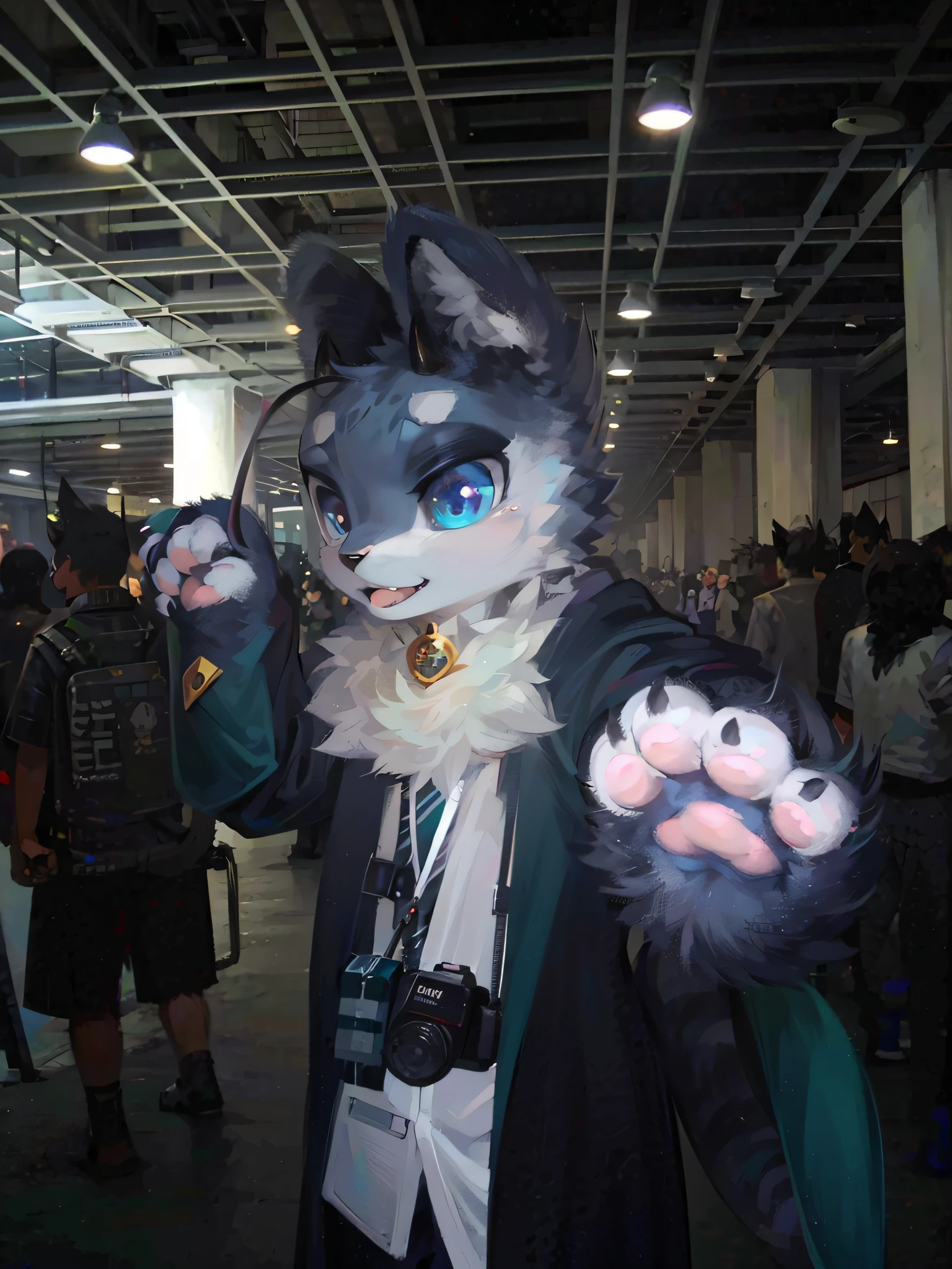 there is a man in a costume with a cat mask and a cat puppet, fursona!!!!, furry fursona, fursuit, furry character, furry anime, fursuit!!!!, female fursona, furry convention, fursona, furry paws furry, furry shot, the furry fursuit is running, neko, very furry, furry artist, pov furry art, anthropomorphic lynx