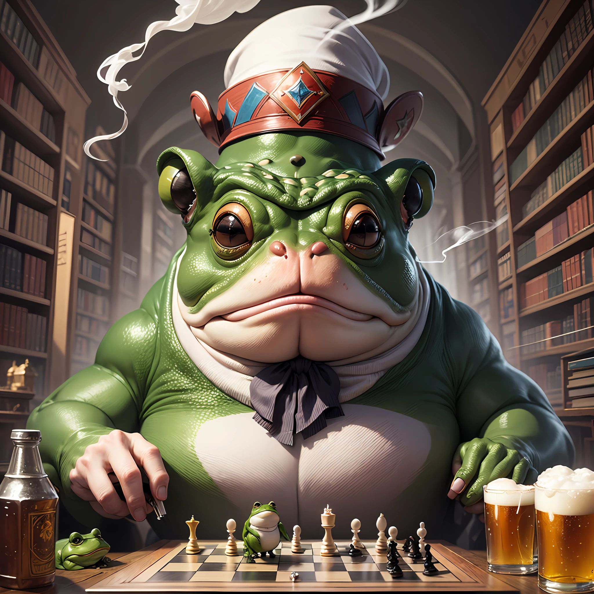 Create a fat frog with a hat playing chess. The frog is smoking cigarettes and drinking beer. The frog is also accessories and has a piercing. There is a library in the background of the image and a picture of the Templars. Add other interesting information to the image. High Definition Image. --auto