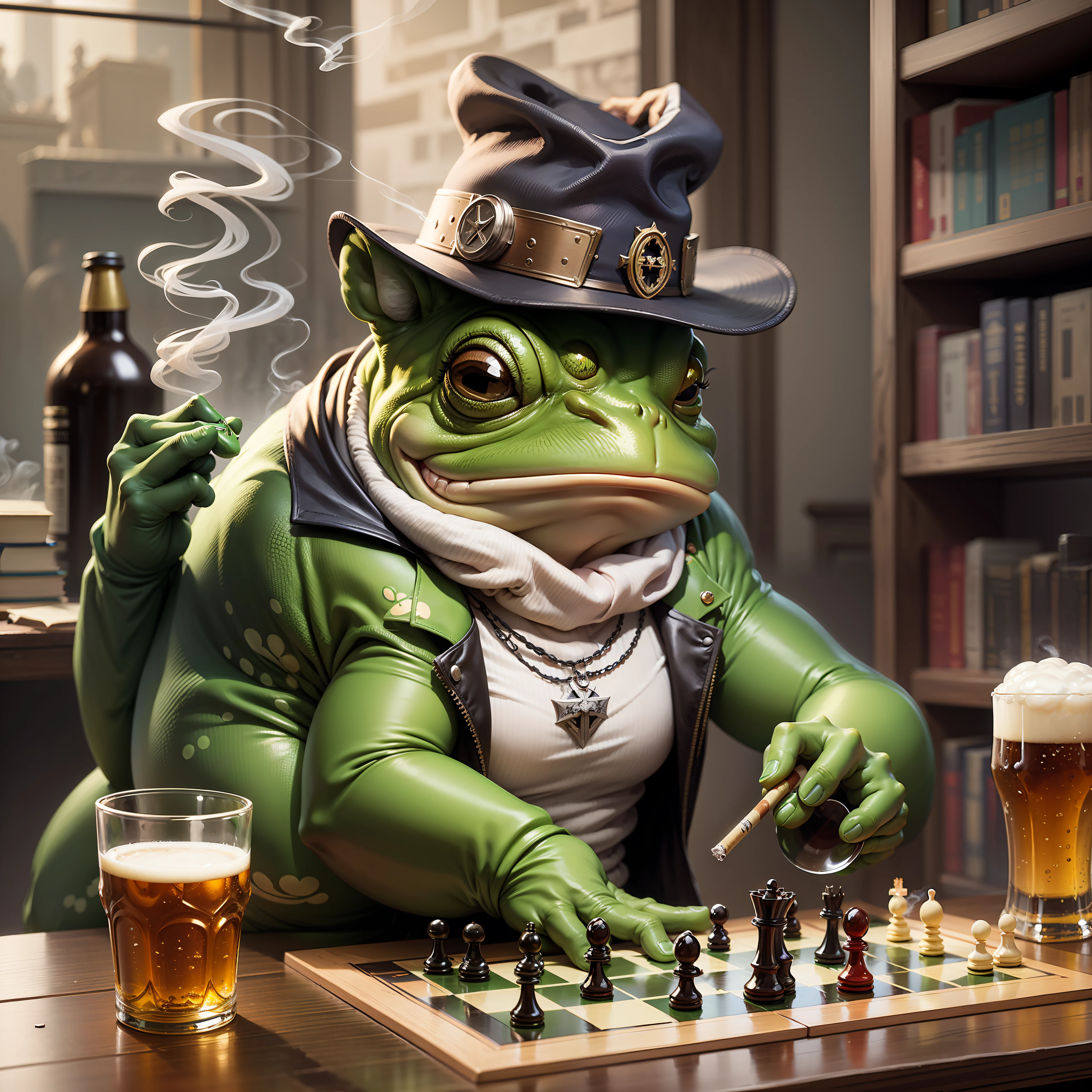 Create a fat frog with a hat playing chess. The frog is smoking cigarettes and drinking beer. The frog is also accessories and has a piercing. There is a library in the background of the image and a picture of the Templars. Add other interesting information to the image. High Definition Image. --auto