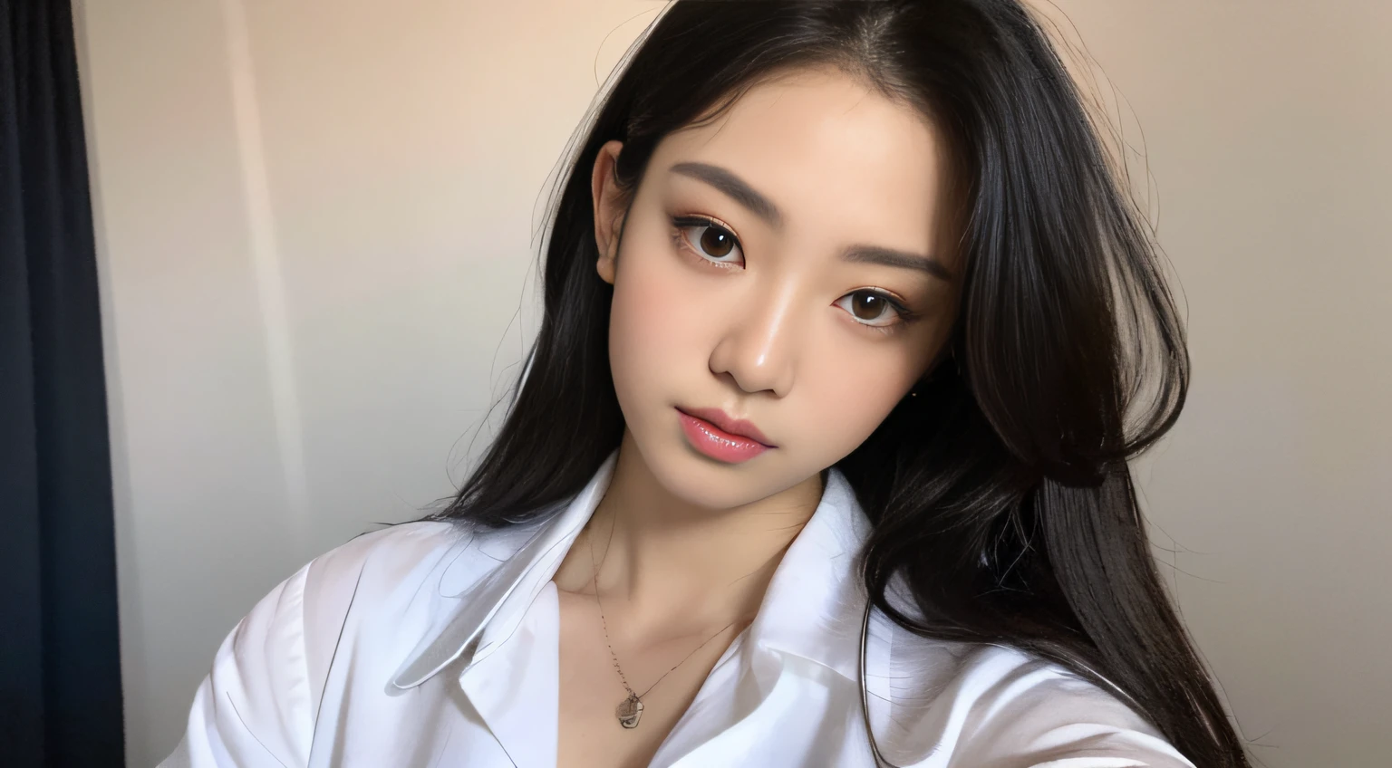 ((Top quality, 8k, Masterpiece: 1.3)), beauty, hidden face, 1 girl, beauty: 1.3, slender abs: 1.1, large men's shirt (loose: 1.4) exposed, full chest, long black hair, (kneeling on bed), ultra-detailed face, highly detailed lips, detailed eyes, double eyelids, strict head and body ratio: 1.5,