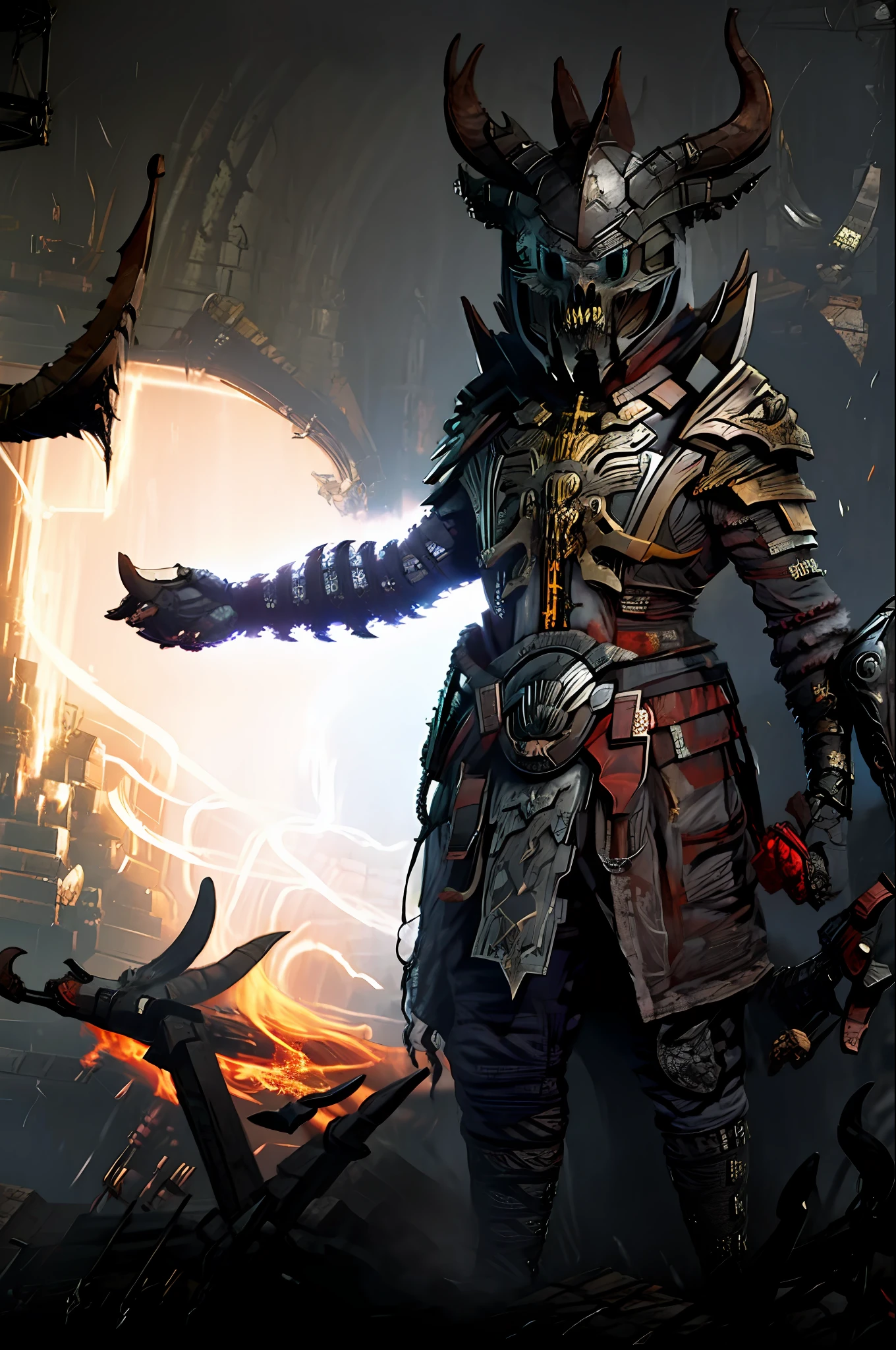An equine Necromancer standing in front of a D14bl0-style lava background