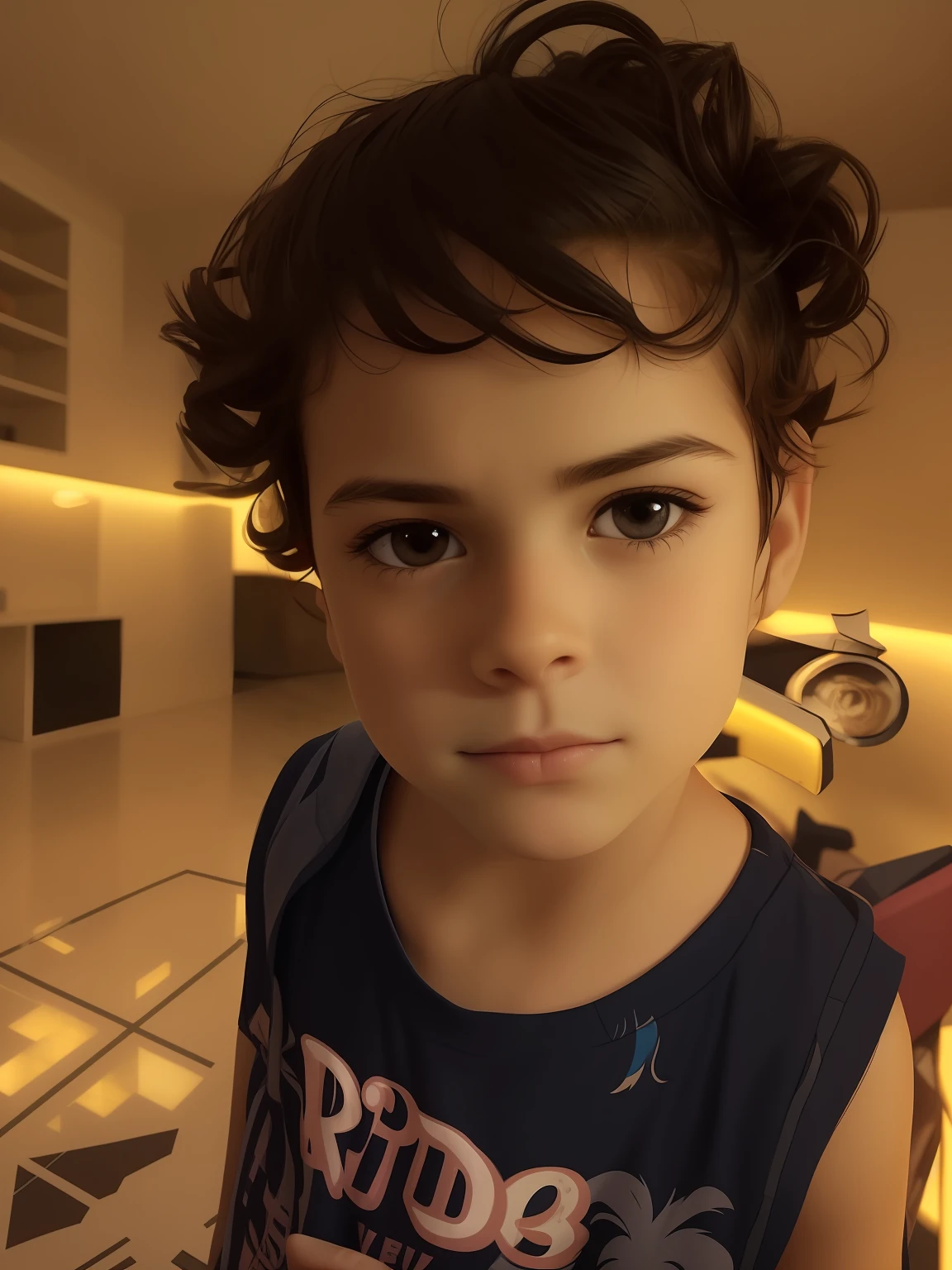 there is a young child that is holding a donut in his hand, 2 anos, Reyyan, imagem de qualidade muito baixa, serious sad look in his eyes, her hair is messy and unkempt, cara de, olhar horrorizado em seus olhos, looking intensely at the camera, muito muito bonito rosto, glaring at the camera