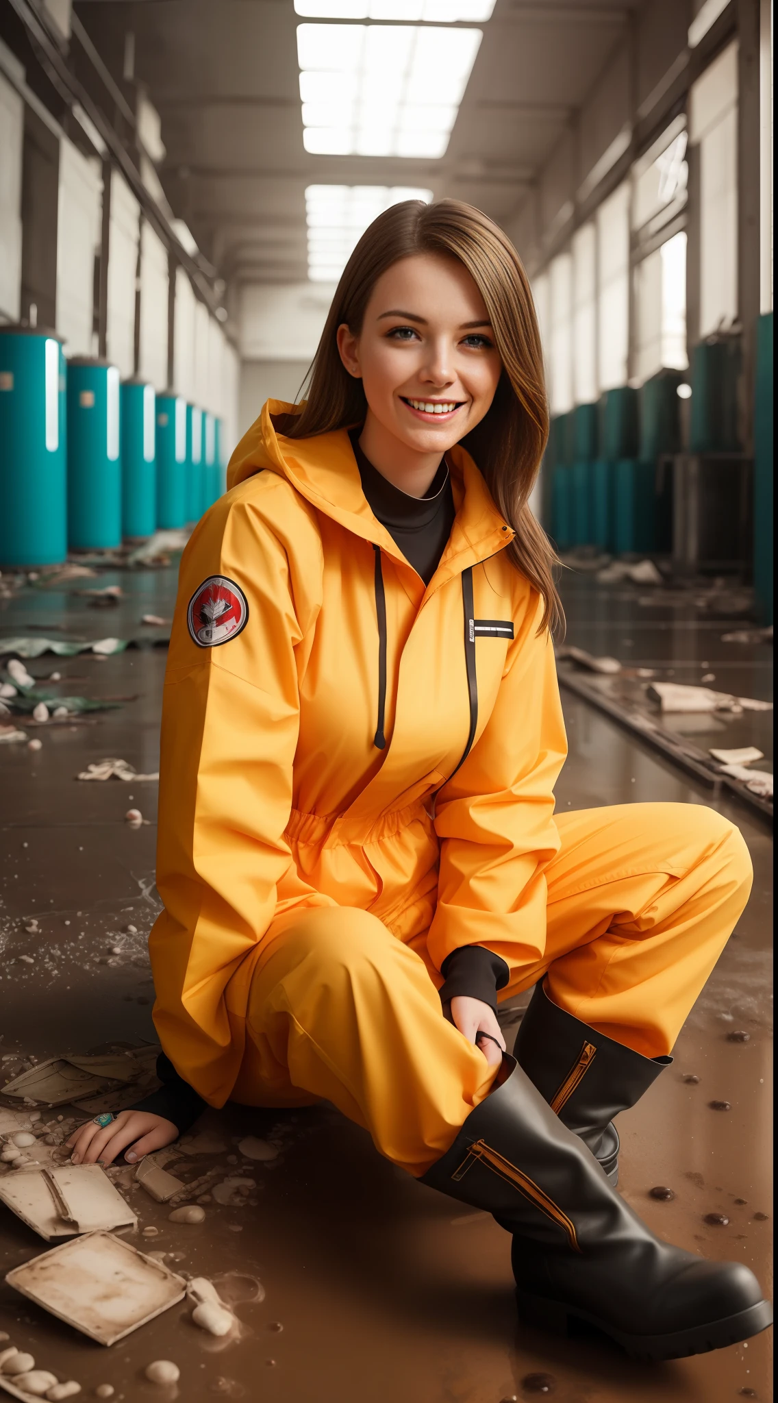 German woman, 23 years old, wearing a waterproof fluorescent orange jumpsuit, boots, smiling, sitting in an abandoned factory floor, dusty, green toxic fluid on the ground