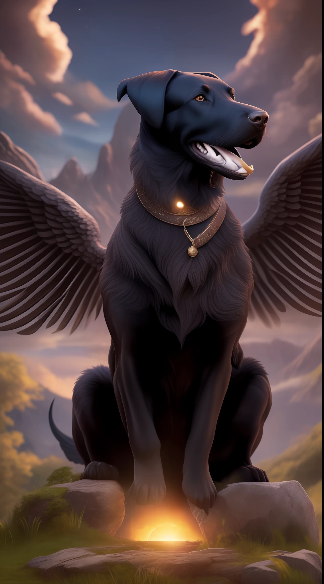 A male black labrador dog, smooth coat, happy symmetrical eyes, playful, pleading face, tongue out, sitting posture facing forward, two wings of a mythological griffin spread out on the back, in a Fantasy Landscape Panorama, Alfheim: world of elves; Conceptual Art, Hyper-Realism, Illumination, Depth of field, Motion lines, Alignment, Isometric, Backlight, Reflected light, Motion blur, Outer edge, Three-dimensional view, General plan, Canon f/4.0 35mm, High detail, Anatomically correct, Precise, Super detailed, 8k, Artgerm, Jan Urschel, Ferdinand Ladera, Thomas Bignon
