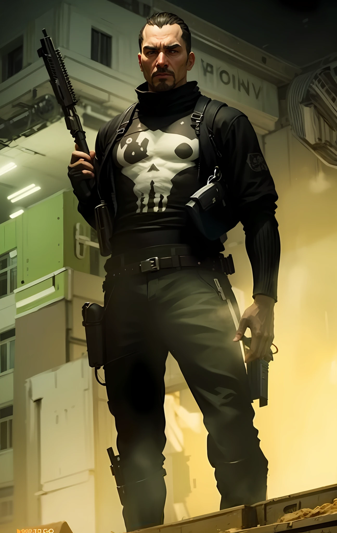 Justiceiro, Homem adulto, vestindo roupas pretas, camisa negra com arte de caveira, levemente forte, duas pistolas na cintura, pose frontal, unreal engine 5, 8k.