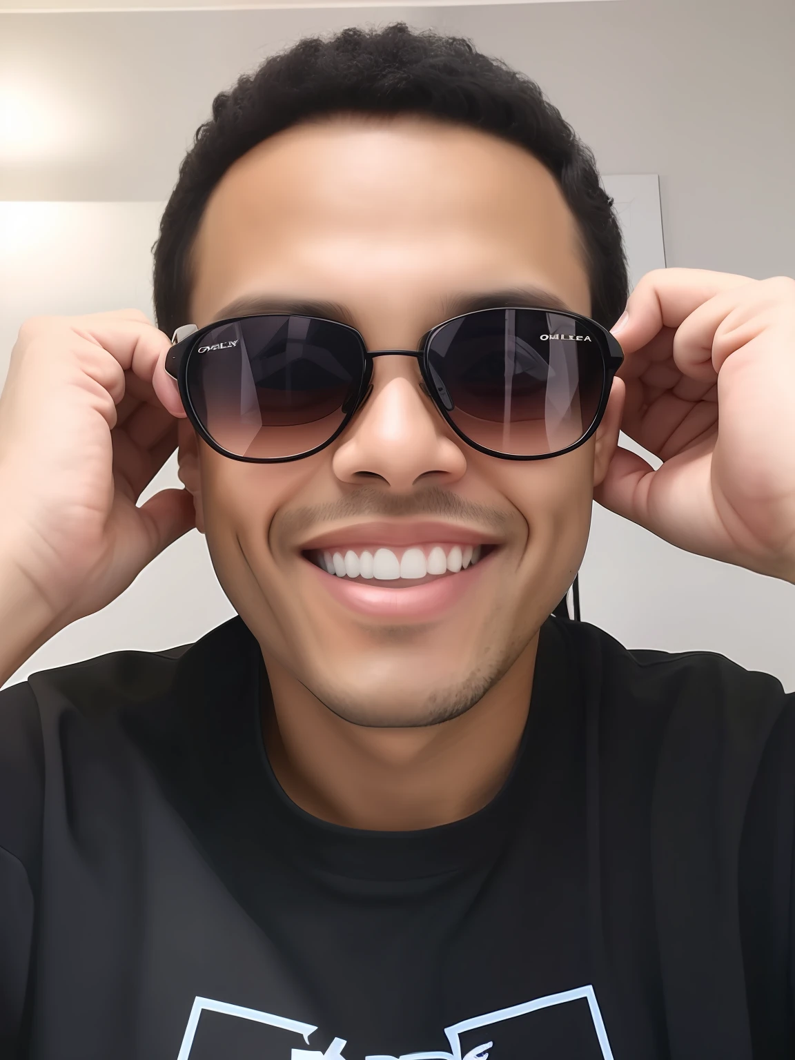 smiling man wearing sunglasses and a black shirt with a white logo, sunglasses on, wearing sunglasses, smiling into the camera, wearing cool sunglasses, happily smiling at the camera, wearing versace sunglasses, with sunglass, wearing shades, with sunglass, sun glasses, he is smiling, feliz com a boca aberta, sorriso detalhado, cara fria, detailed unblurred face, wearing oakley sunglasses