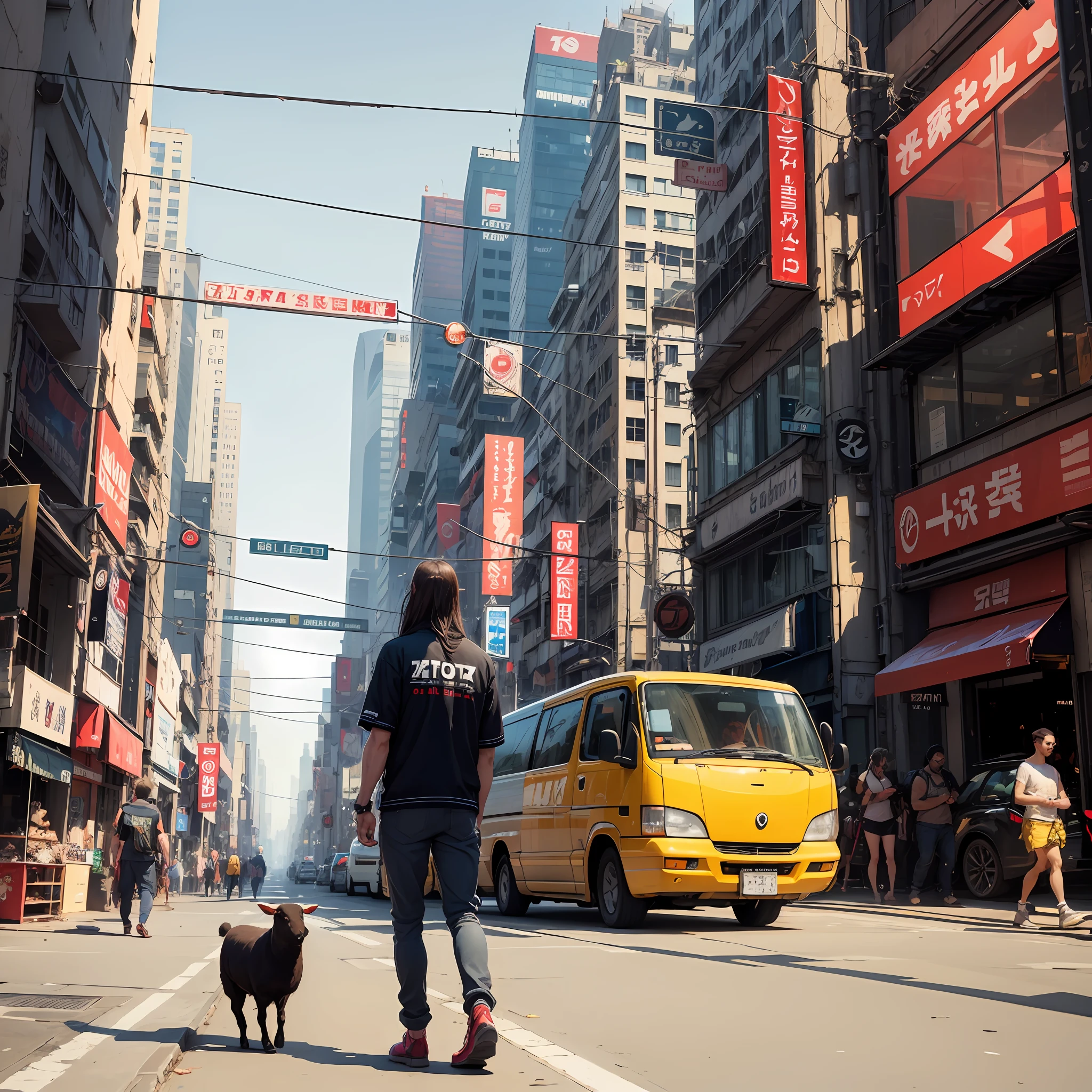 A man with a profile of the biblical Jesus Christ, in a futuristic setting with a sheep in its arms, em rua cyberpunk, Vista lateral, estilo de jogo 2D, estilo pixel art, vendedores legais, estradas e carros, Estampa de camiseta. --auto