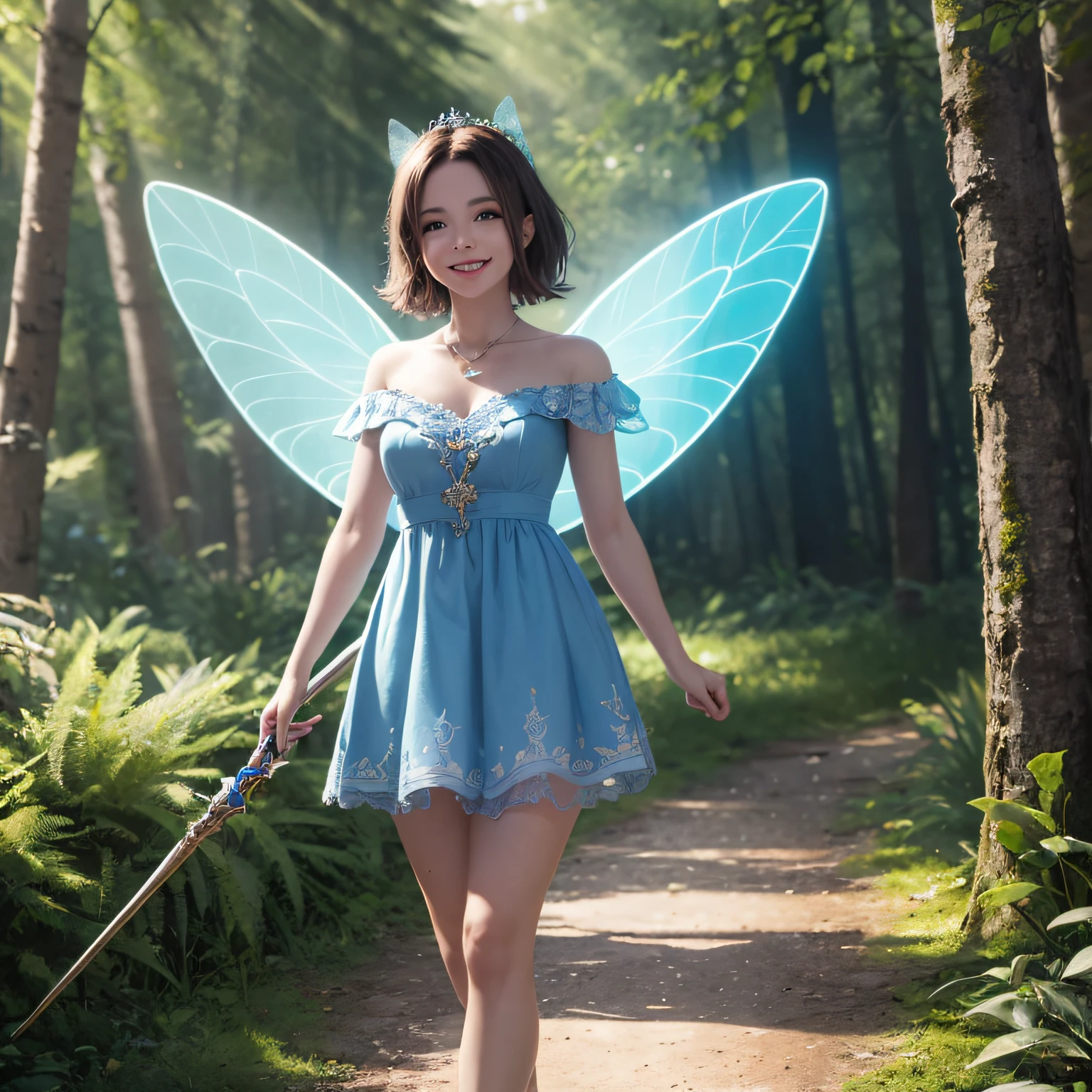 cute miniature, beautiful fairy, blue dress, perfect face, blue eyes, charming wings, magic wand in hand, smiling, friendly, walking through the enchanted forest, Uhd, hd, 8k cinematic lighting, disney style, whole body, cute, smiling, unreal engine, detailed, forest background, ultra high definition, 32k --auto