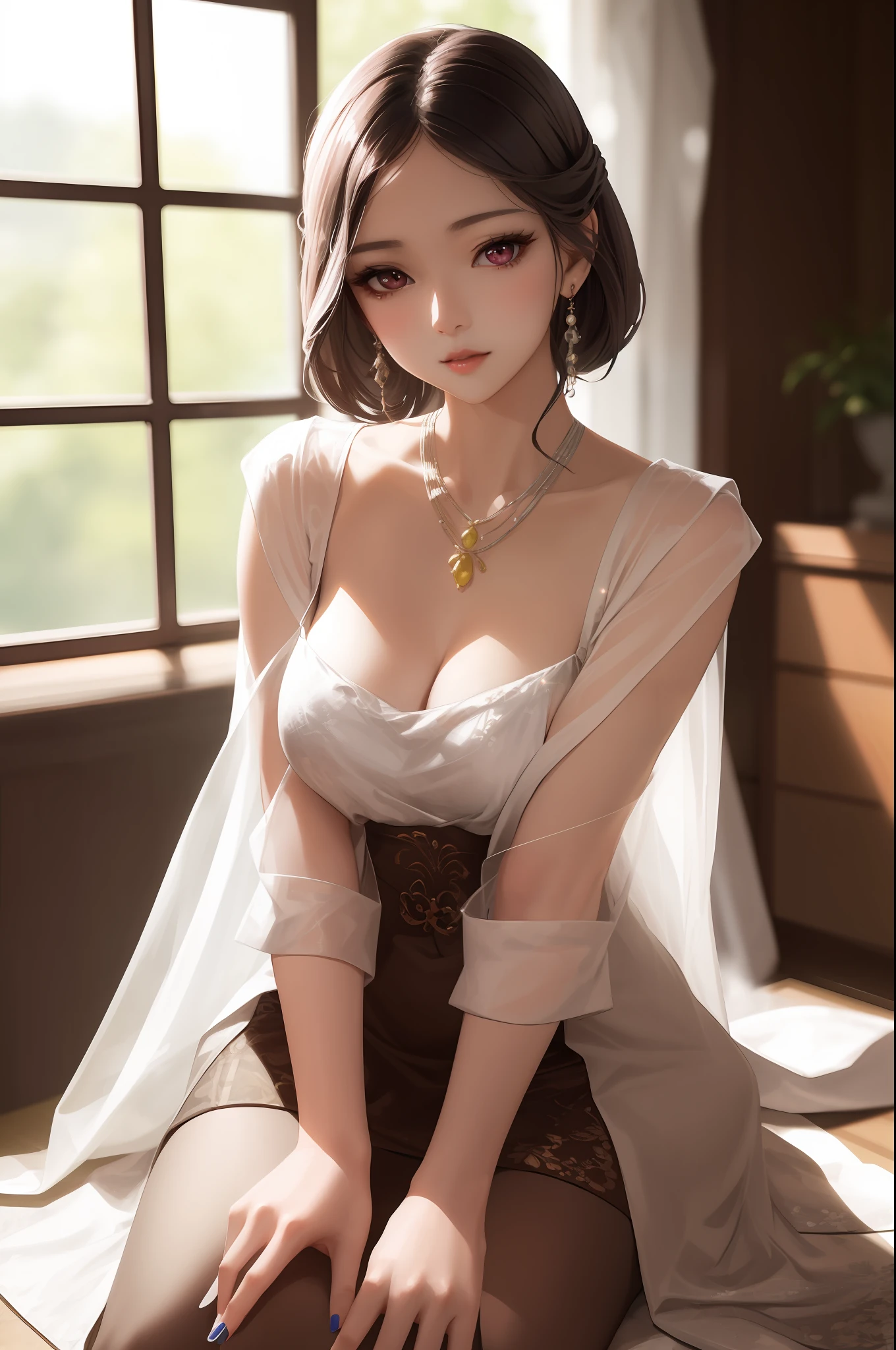araffed asian woman in a white dress sitting on a bed, gorgeous chinese model, cute elegant pose, beautiful asian girl, elegant japanese woman, gorgeous korean young woman, graceful poses, Beautiful Korean Woman, stunning elegant pose, elegant seducing pose, goddess of Japan, Smooth translucent white skin, Beautiful young Korean woman, trending at cgstation, beautiful alluring anime woman，Plump breasts