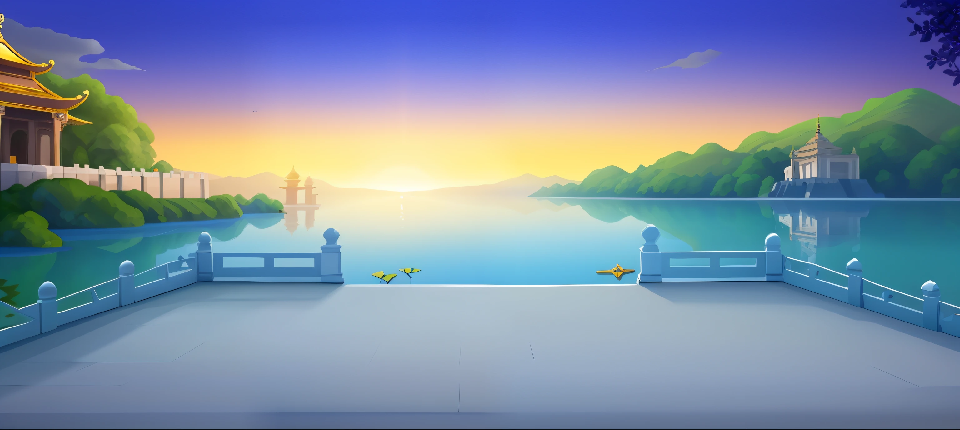 there is a painting of a beautiful view of a lake, lake background, beautiful lake background, palace background, temple background, mobile game background, background artwork, royal garden background, detailed lake in background, island background, detailed scenery —width 672, background art, game background, background depicting a temple, light kingdom backdrop, Dawn background, golden hour background --auto