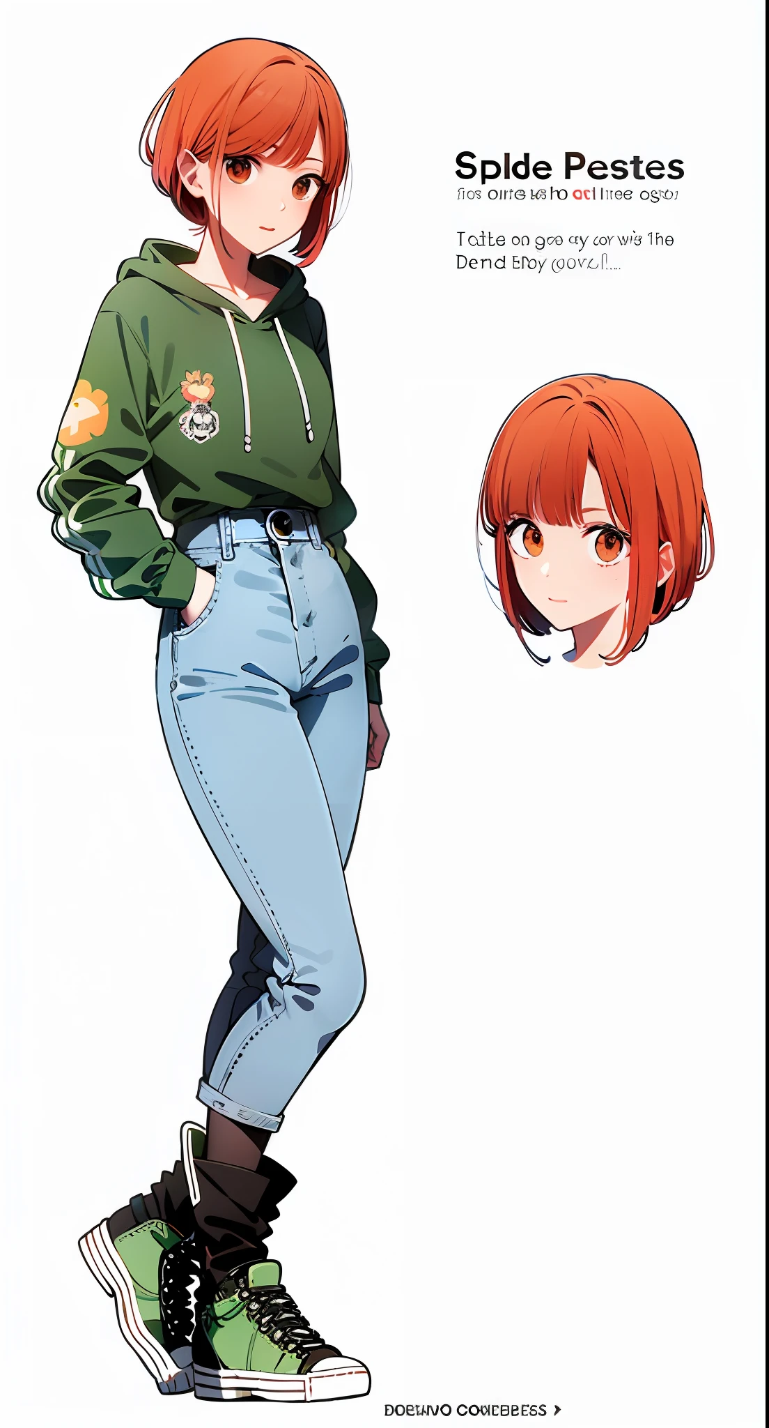 um desenho de uma pessoa com cabelos laranja e olhos verdes, desenho de caracteres de corpo inteiro, Design de personagem de corpo inteiro, single character, Allstar Sneakers