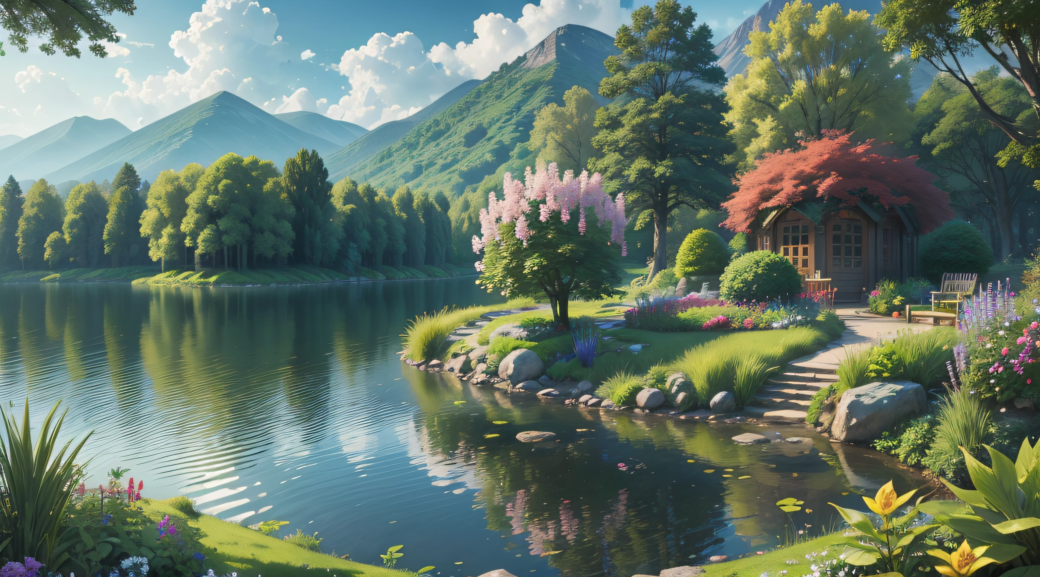 Secret garden with lake and lush flora, ultra HD --auto --s2