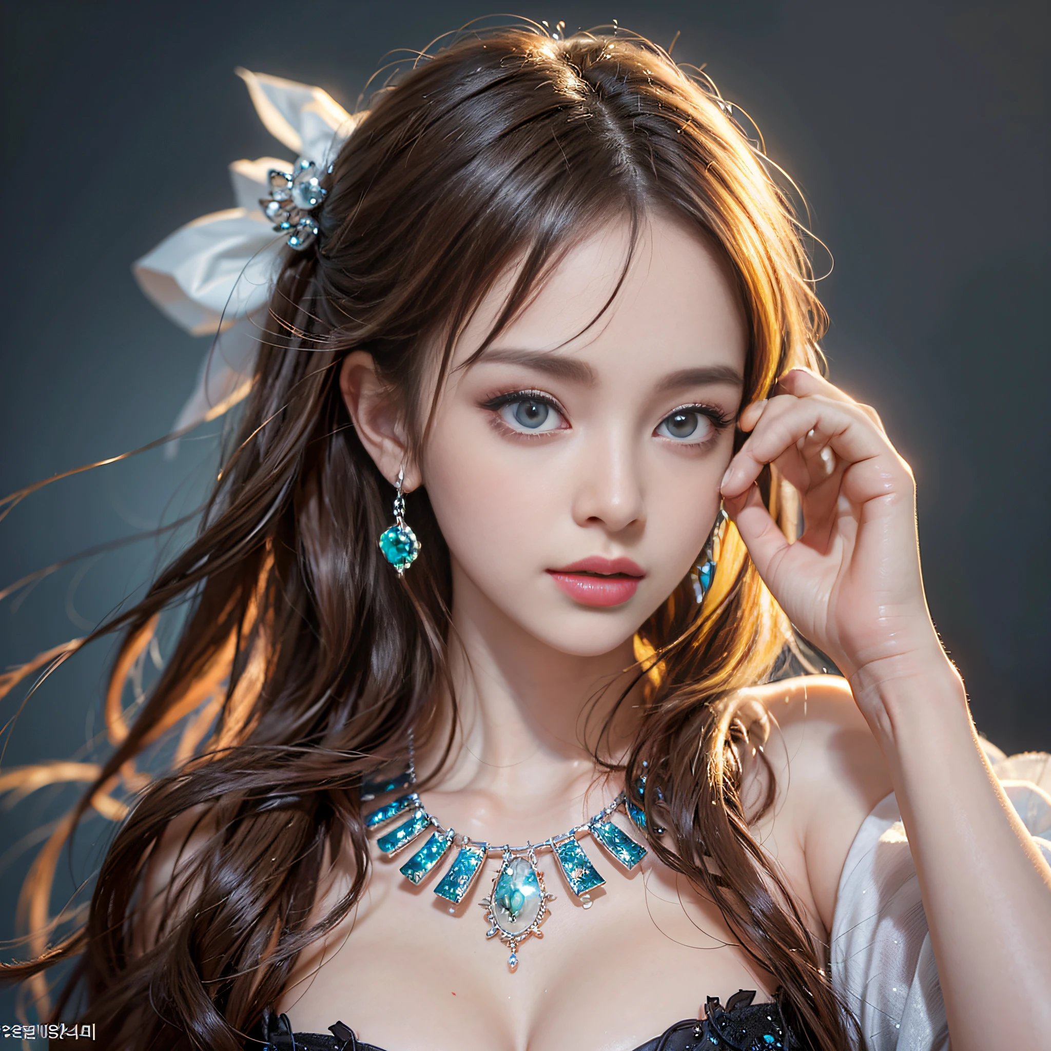 (A Masterpiece)、(maximum quality)、(Realistic)、Charming daughter、Portrait of a beautiful girl、Transparent eyes、beautifuldetailedeyes、Glitter eyes、Glowing eyes、flawless face、Beautiful nose、Beautiful mouth、Pretty lips、fine-grained skin、portrait shooting、Professional artwork、in 8K、photo-realistic、long dress、Elegant face、flawless anatomy、Perfect female body:1.4、Ultra-realistic painting:1.4、Ultra-precision painting:1.4、OTL:1.4、hq、RAW Photography、necklaces、earings、