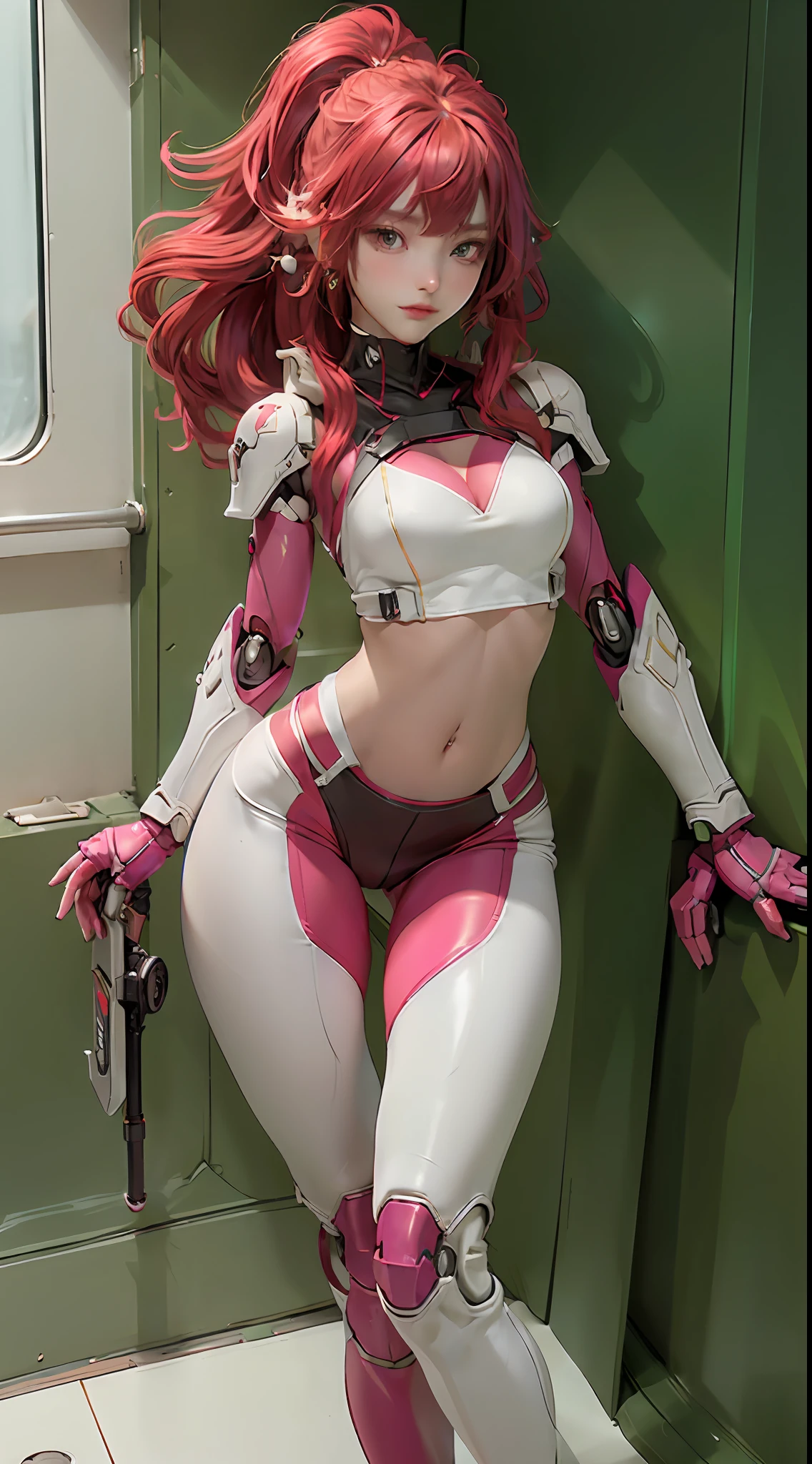 helicopter background, ruby red color, head and full body, Extremely cute human  girl face, human torso, human huge boobs, human abdomen, human hips, human arms, mechanical legs, legs with hard white shiny shell and black joints, very beautiful and feminine, short, petite, small, small, busty buttocks, medium bust, cleavage display, flat belly display, partial helmet with antenna on the ear, black robot joints, very stylish, award-winning product design, black rubber tights, The shiny pink metal breastplate opens at the cleavage and abdomen, the violet metal buttocks are wrinkled, and the armor has stylish, glowing trims