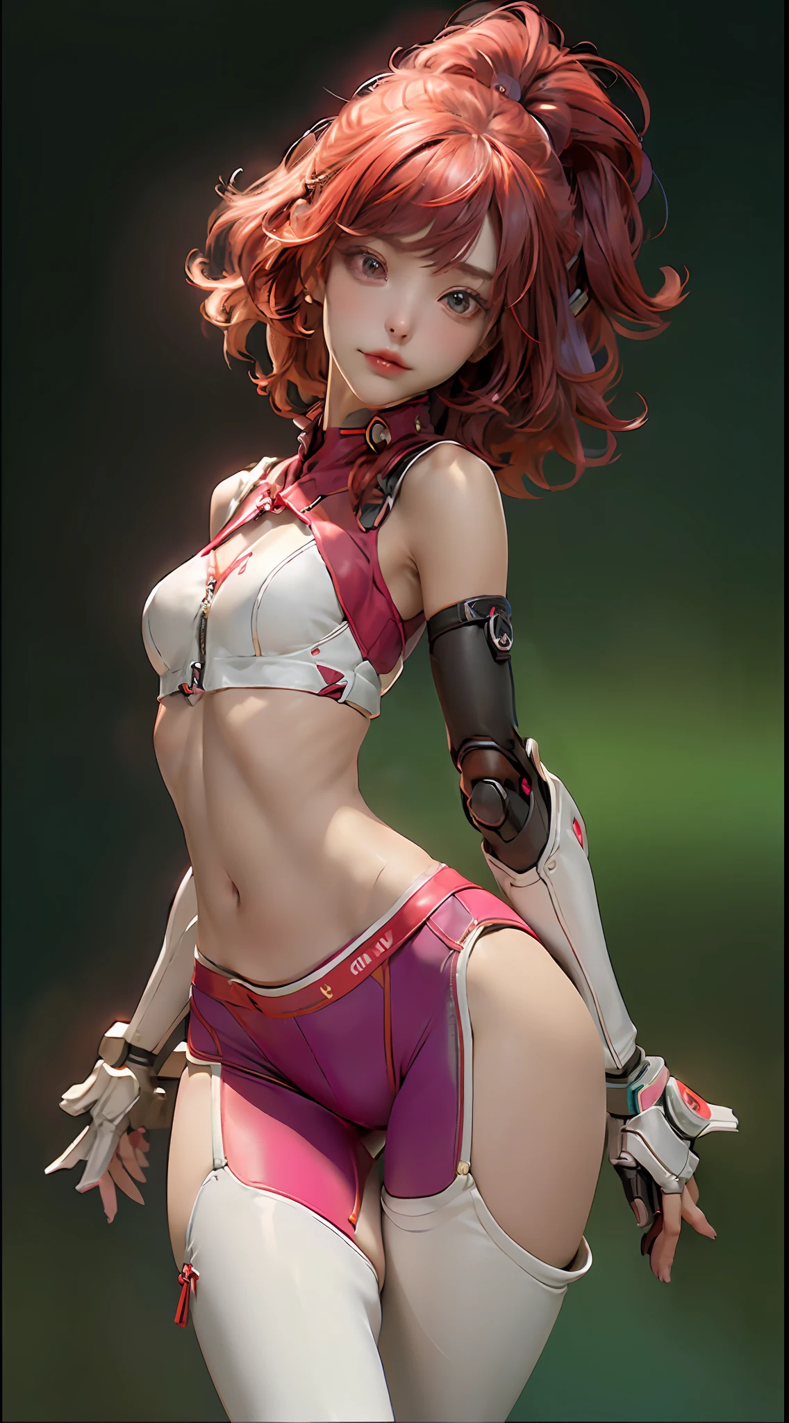 helicopter background, ruby red color, head and full body, Extremely cute human eighteen year old girl face, human torso, human huge boobs, human abdomen, human hips, human arms, mechanical legs, legs with hard white shiny shell and black joints, very beautiful and feminine, short, petite, small, small, busty buttocks, medium bust, cleavage display, flat belly display, partial helmet with antenna on the ear, black robot joints, very stylish, award-winning product design, black rubber tights, The shiny pink metal breastplate opens at the cleavage and abdomen, the violet metal buttocks are wrinkled, and the armor has stylish, glowing trims