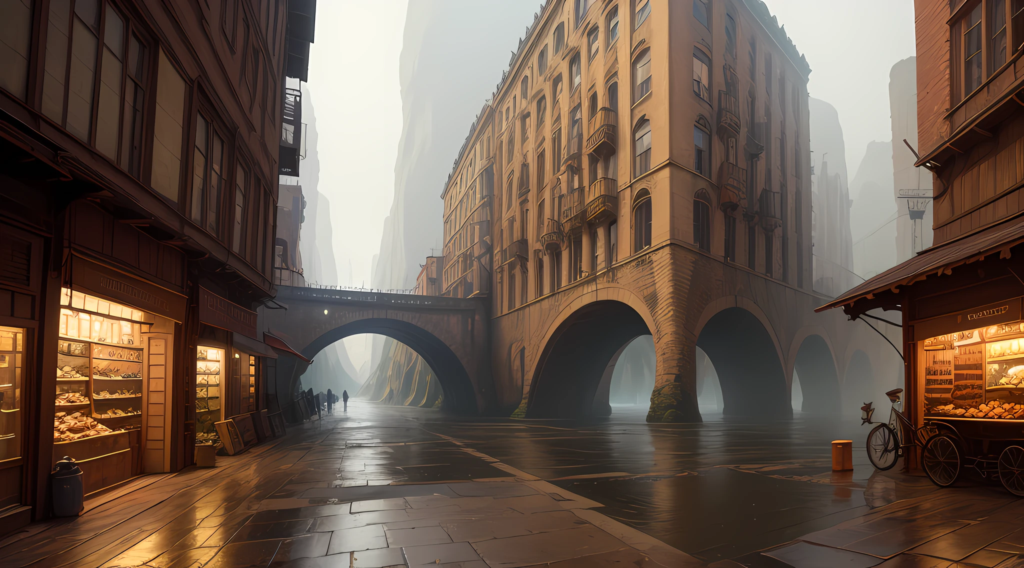 ((masterpiece)),((best quality)),((high detial)),((realistic,)) Industrial age city, deep canyons in the middle, architectural streets, bazaars, Bridges, rainy days, steampunk, European architecture