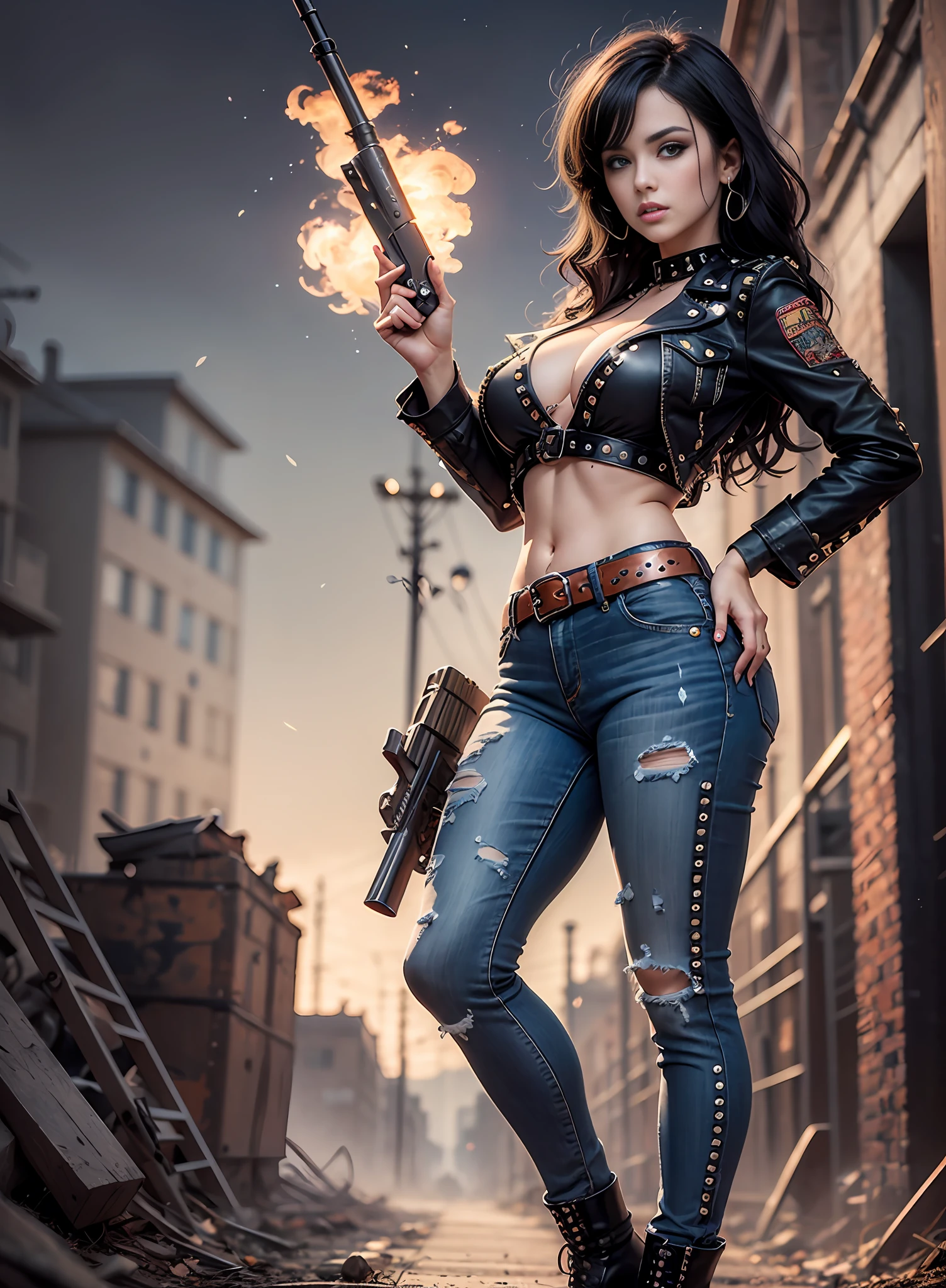 80s European Woman Metal Singer, black hair, big chest, dark jeans, rivets, pants, belt, with big gun. full body.