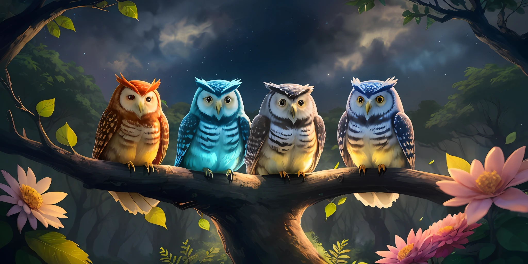 noite estrelada ((melhor qualidade)), 4 colorful owls on top of a beautiful tree, numa floresta ((melhor qualidade)) ((obra prima)), Obra-prima, melhor qualidade, (papel de parede CG 8k muito detalhado), ((best illustration)), ((melhores sombras)), elementos naturais no tema da floresta, vagalumes, floresta misteriosa, natureza, flores,