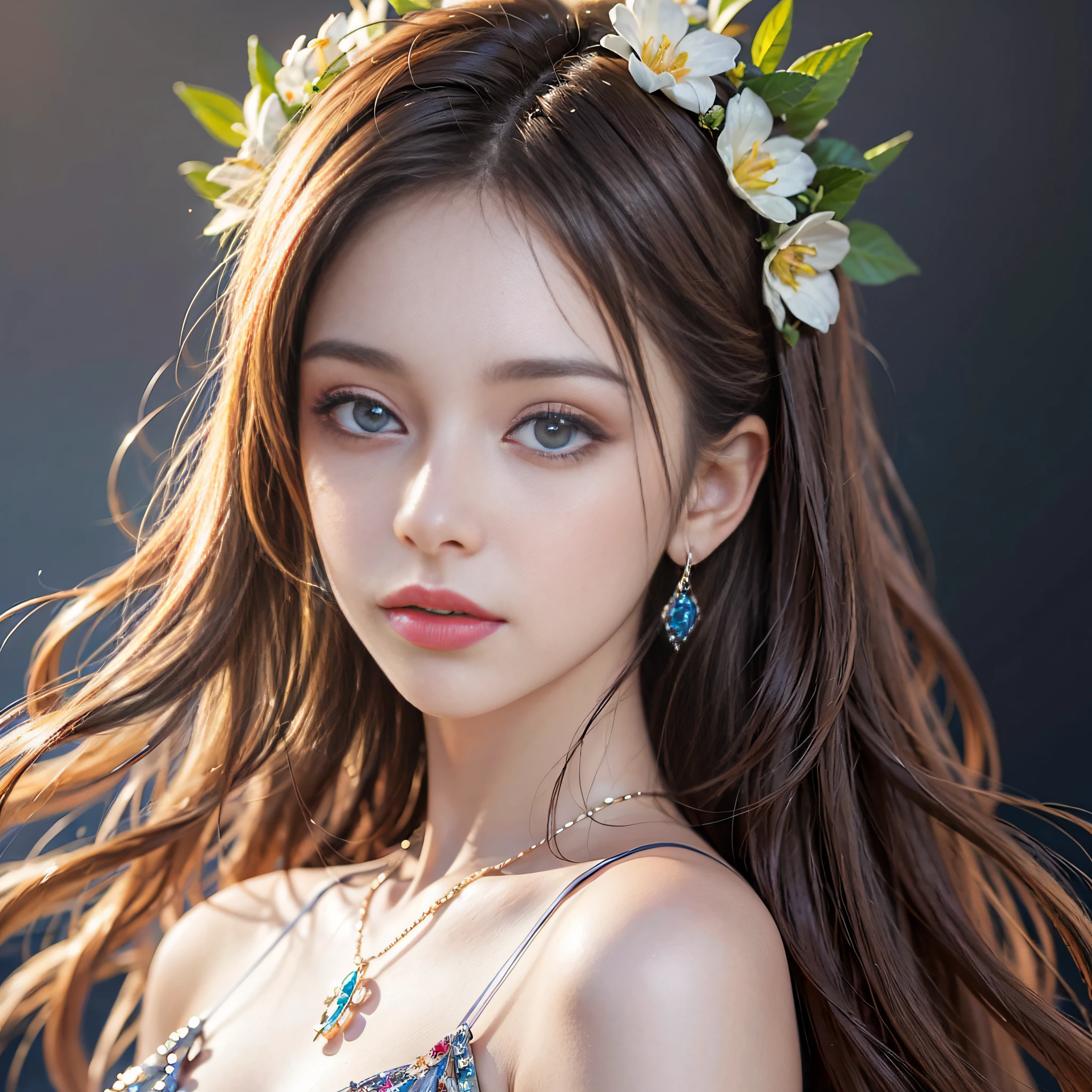 (A Masterpiece)、(maximum quality)、(Realistic)、Charming daughter、Portrait of a beautiful girl、Transparent eyes、beautifuldetailedeyes、Glitter eyes、Glowing eyes、flawless face、Beautiful nose、Beautiful mouth、Pretty lips、fine-grained skin、portrait shooting、Professional artwork、in 8K、photo-realistic、long dress、Elegant face、flawless anatomy、Perfect female body:1.4、Ultra-realistic painting:1.4、Ultra-precision painting:1.4、OTL:1.4、hq、RAW Photography、necklaces、earings、