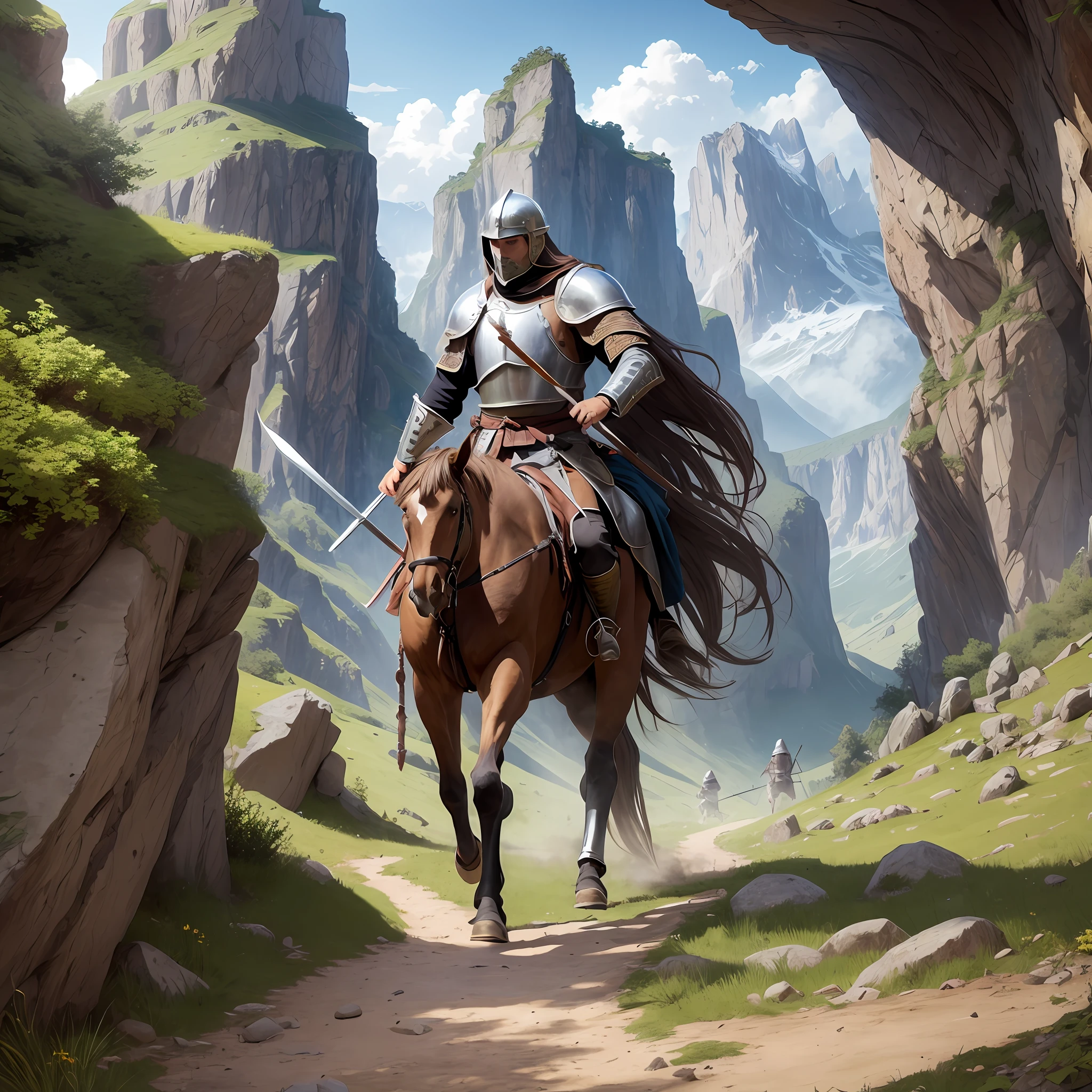 Claro! Here is the prompt that describes the scene you requested:
"You are a(a) talentoso(a) ilustrador(a) e foi encarregado(a) to create an illustration depicting a prince departing from his kingdom of light. Na imagem, The prince should be featured, vestido com trajes reais e segurando uma espada, ready to embark on an epic journey. O reino de luz deve ser representado ao fundo, com uma paisagem exuberante, repleta de cores vibrantes, como campos floridos, rios cristalinos e montanhas majestosas, irradiando uma atmosfera de paz e prosperidade. Around the prince, adicione elementos que simbolizem a sua partida, como uma carruagem real, an imposing horse or a trail that stretches into the unknown. Be sure to capture the prince's determined and courageous expression, plus details like the sparkle in your eyes and the wind moving your hair. This is a unique opportunity to demonstrate your ability to portray emotions and visual narratives, creating an image that conveys the sense of adventure and the promise of new horizons." --auto