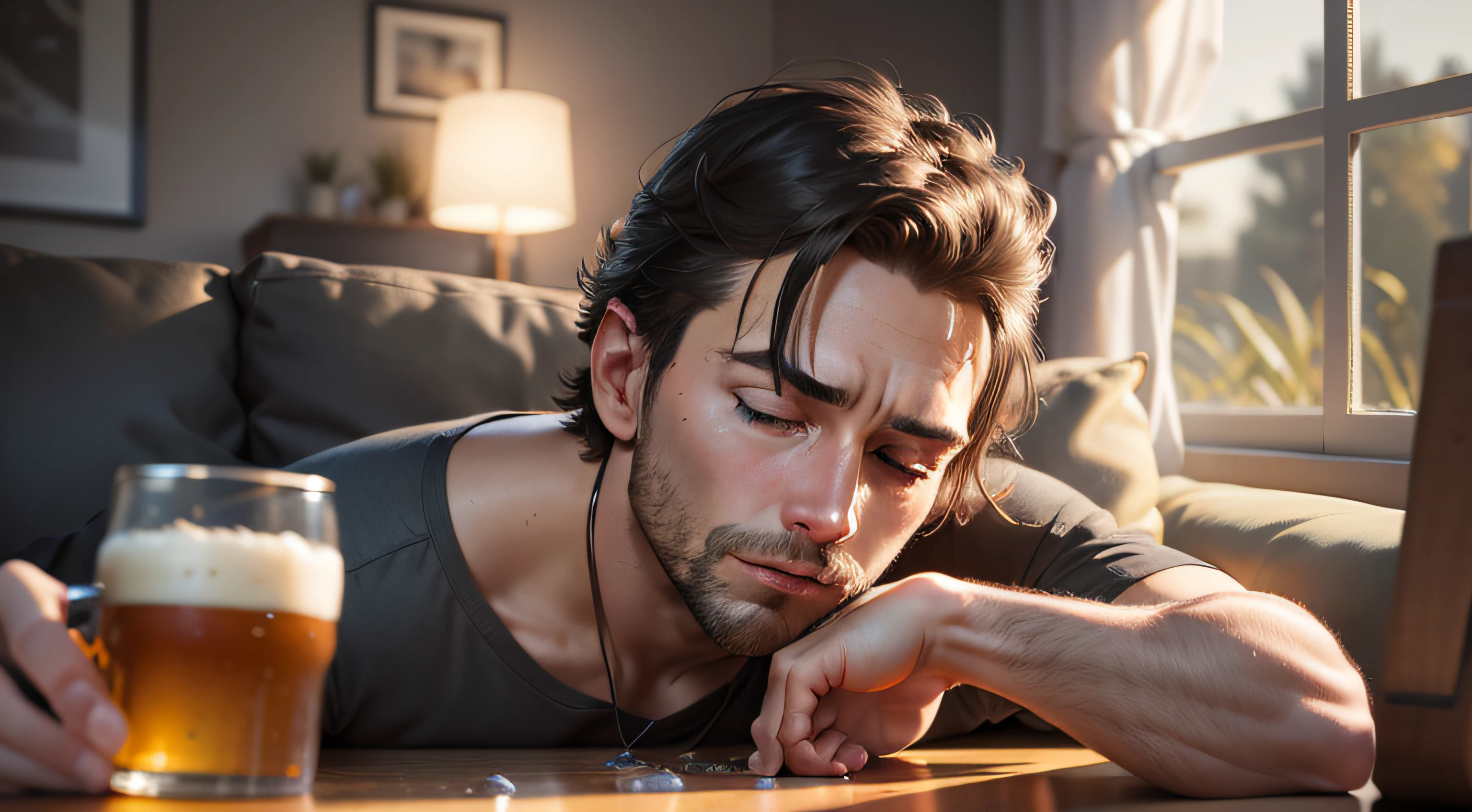 There's a 35-year-old man lying on a couch with a glass of beer asleep, bebado, drogas em cima da mesa, sujeira por toda a casa, Tiro na Canon EOS R5, Tiro na Canon EOS R 5, cinematic realistic photo, fotografia ultra realista, ultra realistic 3d illustration, photorealistic cinematic render, Tiro em Sony A 7 III, Alexey Egorov, cinematic body shot