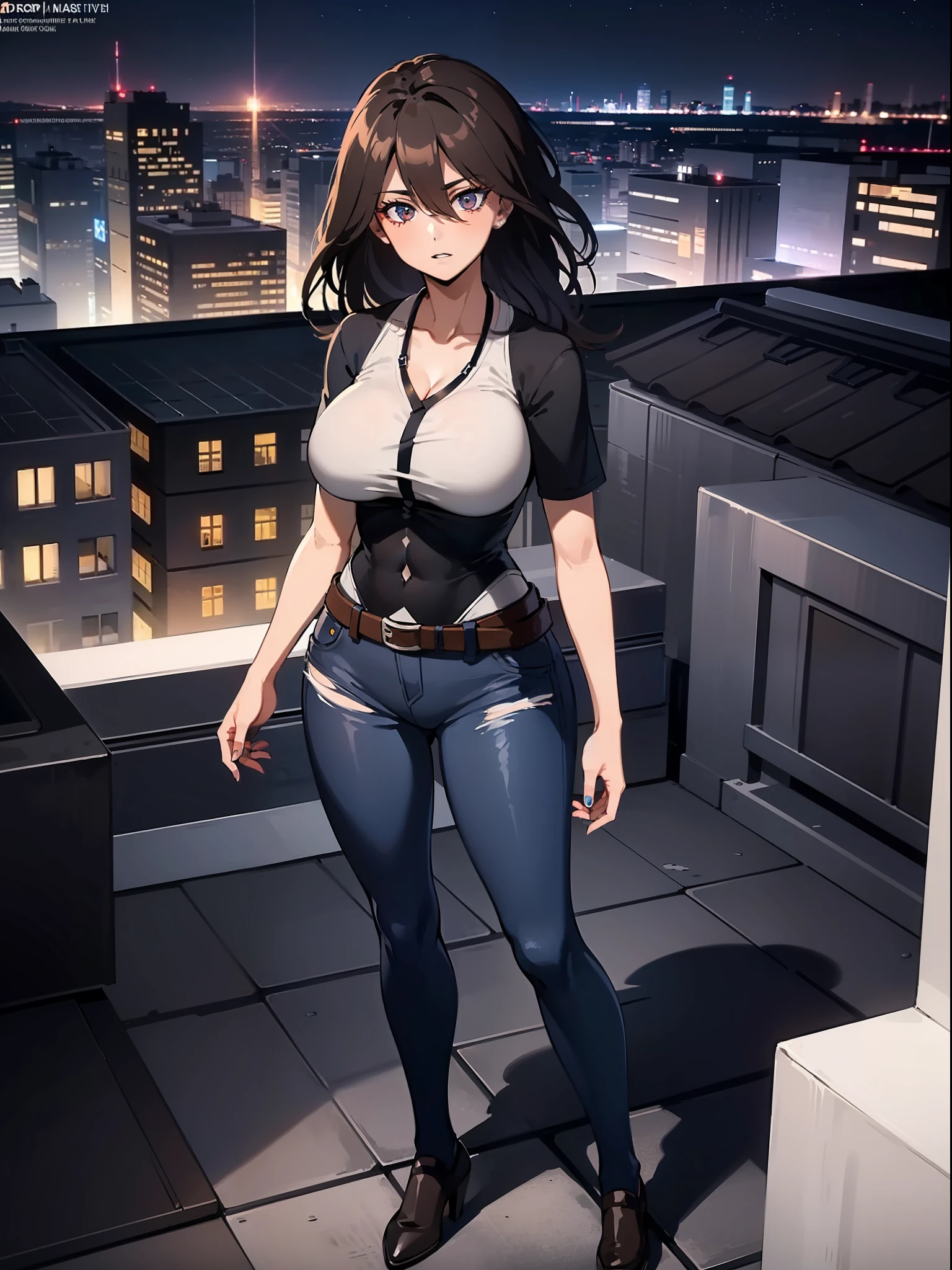 ((Midnight, Best quality, 8k, Masterpiece :1.3)), Whole body, Long legs, Sharp focus :1.2, A pretty woman with perfect figure :1.4, Slender abs :1.1, ((Dark brown hair, Big breasts :1.2)), (White tight tshirt, Jean bib, Standing:1.2), ((Night city view, Rooftop:1.3)), Highly detailed face and skin texture, Detailed eyes, Double eyelid