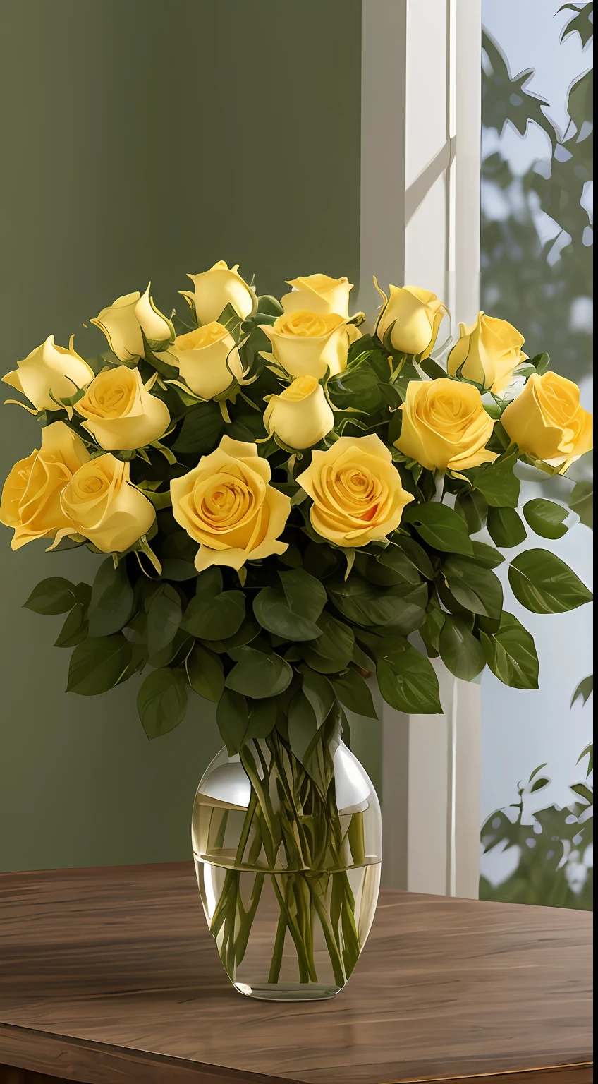 arrangement of large yellow roses with pretty green leaves illuminated by sunlight in an ultra realistic setting --ar 2:3 --s1000 --v5 --q2 --upbeta -a750 --auto