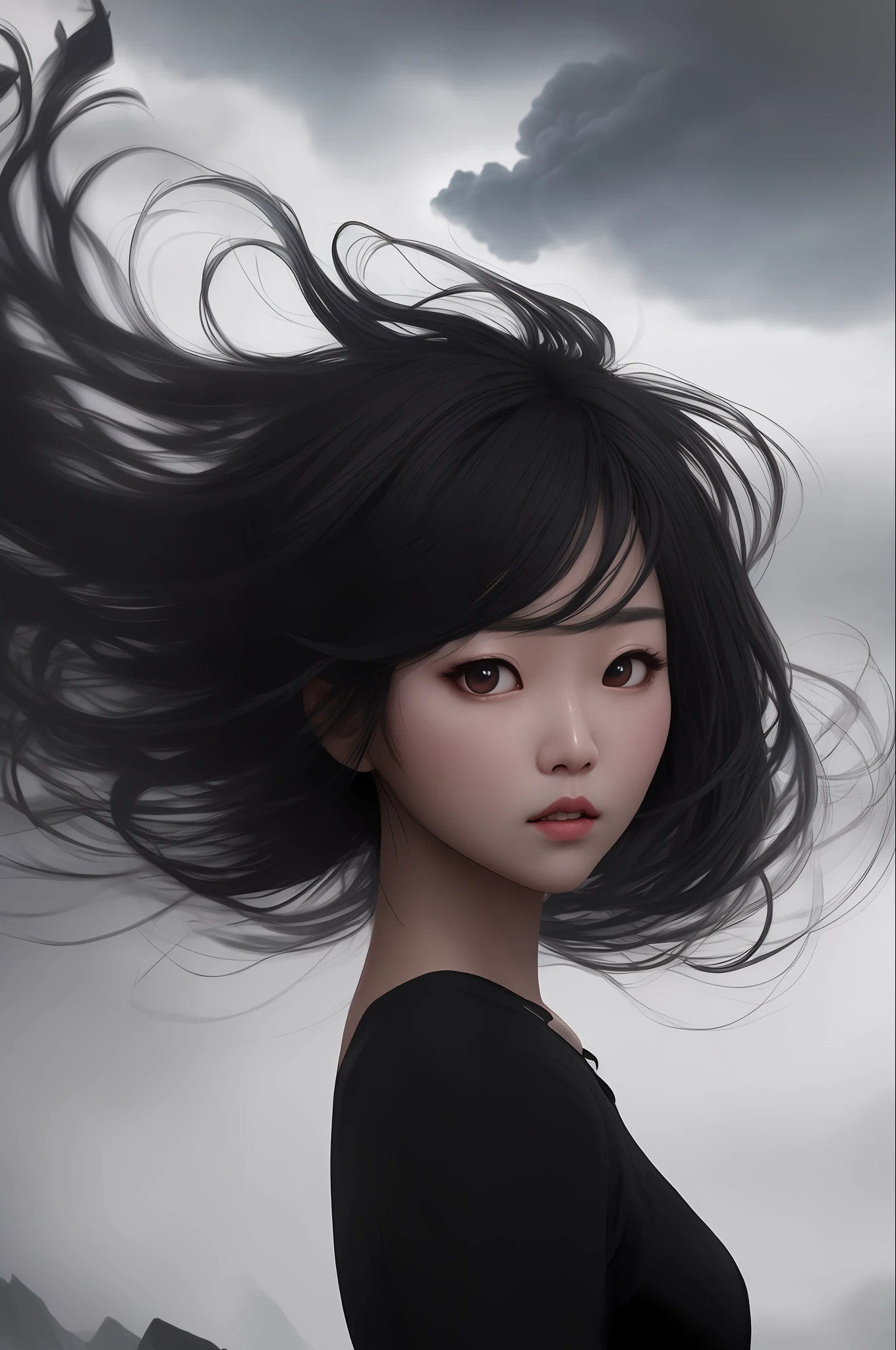 cute Korean girl with big eyes, black clouds, dynamic dark smoke, swirling black wind, dark texture, 32k concept art, cinematic lighting, hyper detailed, hyper realistic, juicy bright colors, hair highlighting, Volumetric lighting, warm HDR, 500 pixels, high contrast, mystical, rough shading, dynamic lighting, Octane rendering