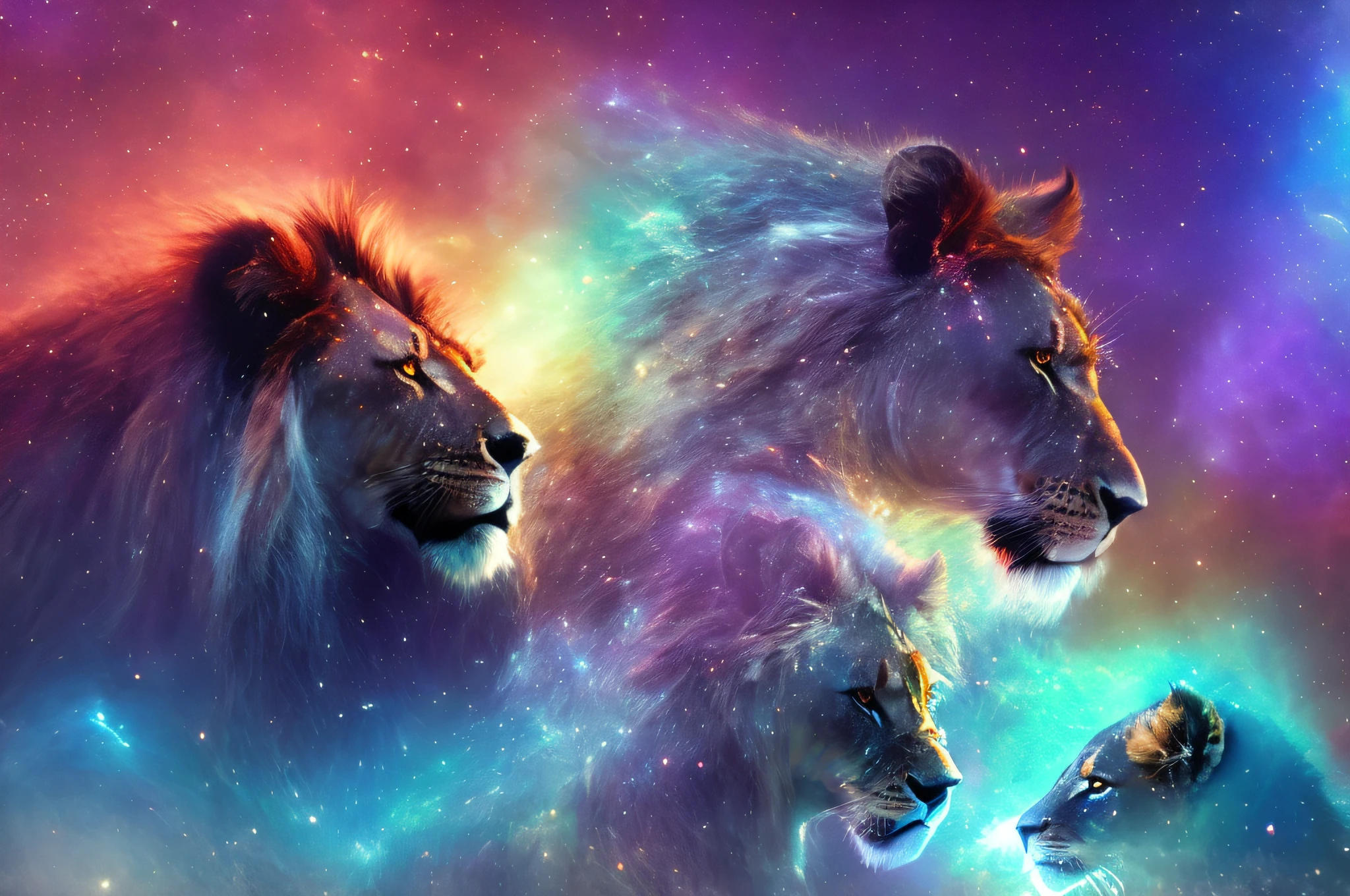 A family of lions and their cubs, galaxies, espirais, outer space, Nebulosas, estrelas, smoke, iridescente, detalhe intrincado, in the form of a lion family, octane rendering, 8k