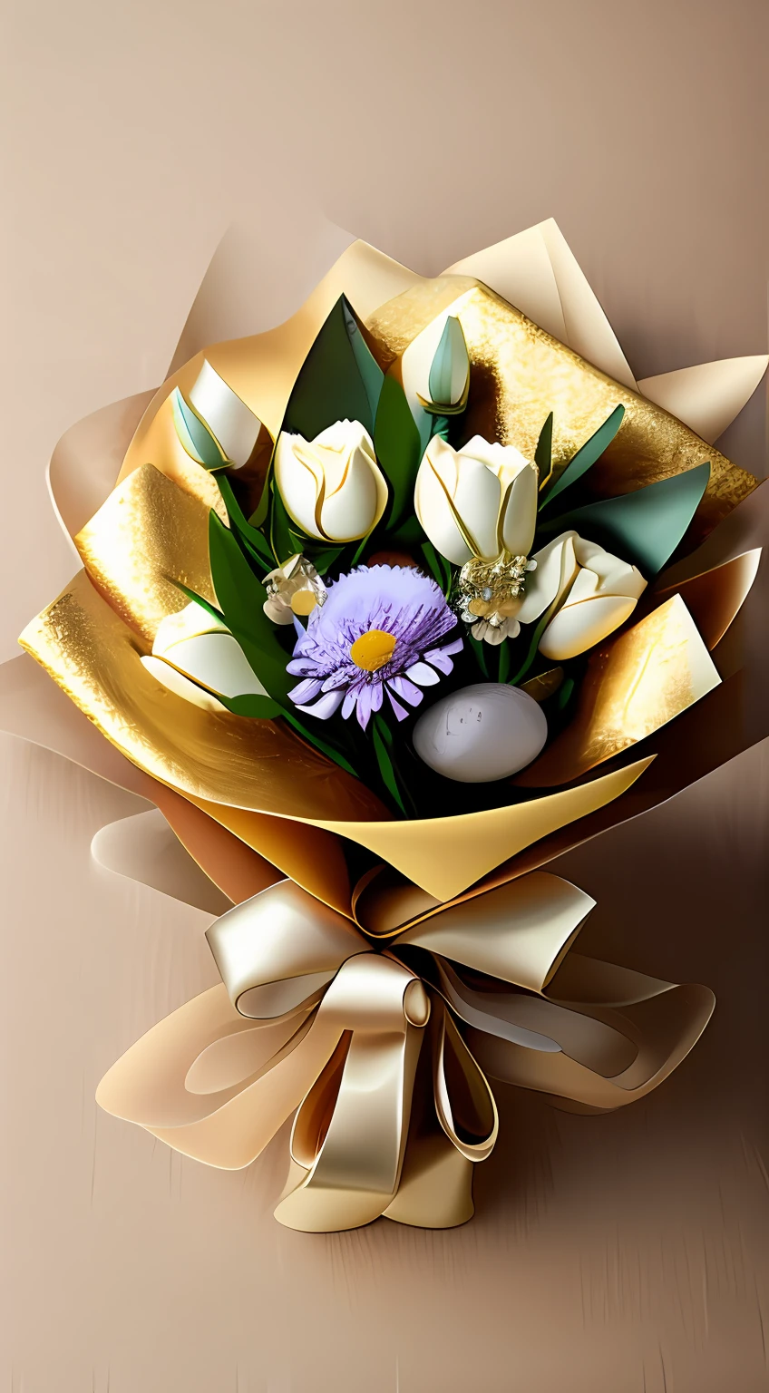 bouquet of ornamental flowers in light colors wrapped in gold lacy paper and with a luxurious bow --ar 2:3 --S1000 --v5 --Q2 --upbeta -A750 --auto