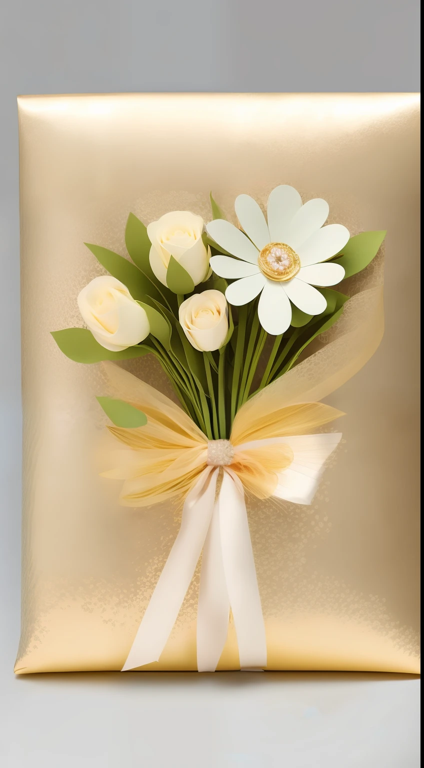 A delicate bouquet of pastel-hued flowers, wrapped in shimmering gold lace paper and tied with a luxurious bow. --ar 2:3 --s1000 --v5 --q2 --upbeta -a750 --auto
