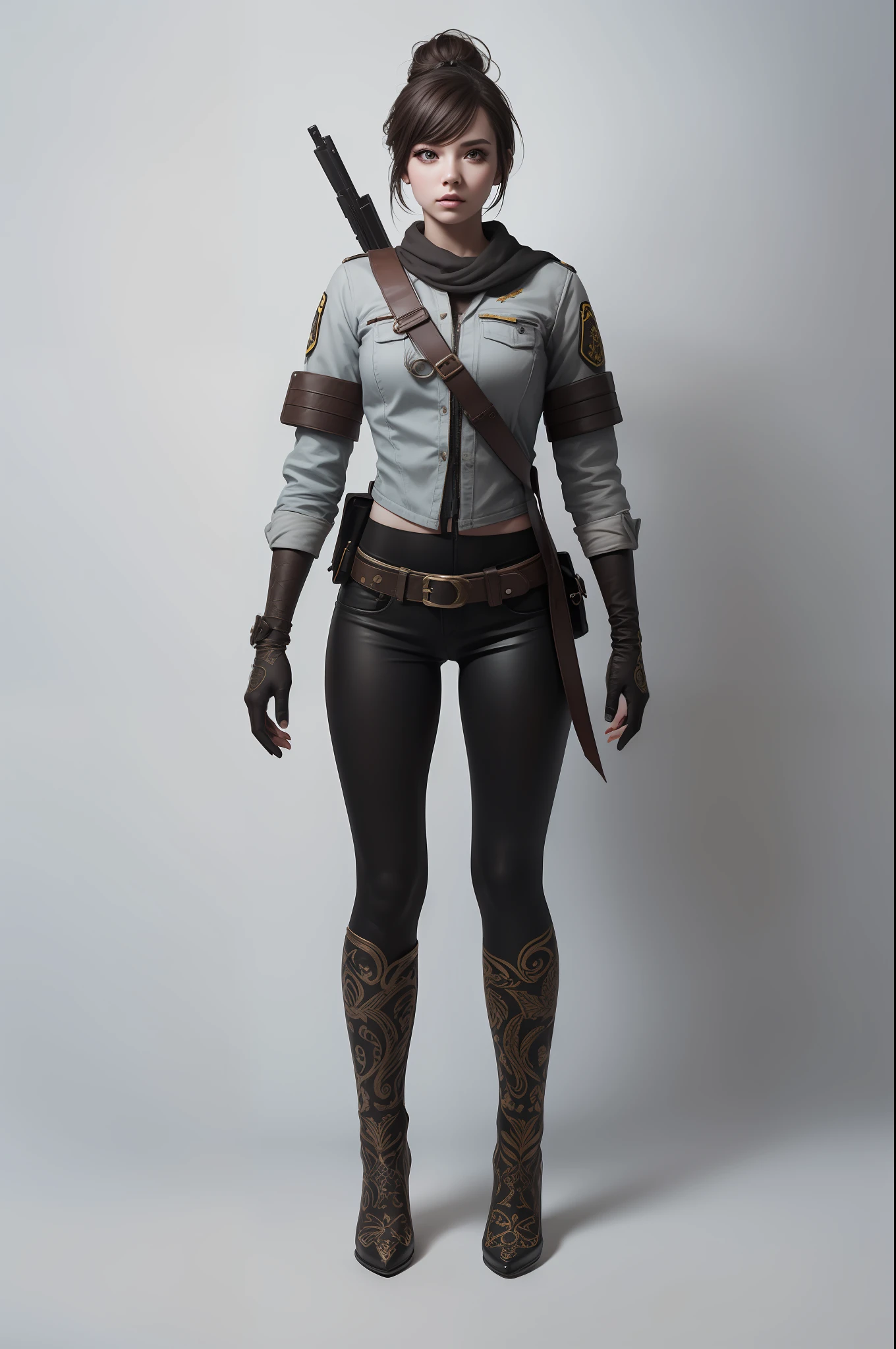 A Young Female Freedom Fighter, Full Body, Realistic skin, Textured skin, Candid Photoshoot, professional, photography, Shot on 35mm lens, photorealistic, White Balance, Pro Photo RGB, Professional processing, insanely detailed, ultra-detailed, intricate details, super detailed, ambient