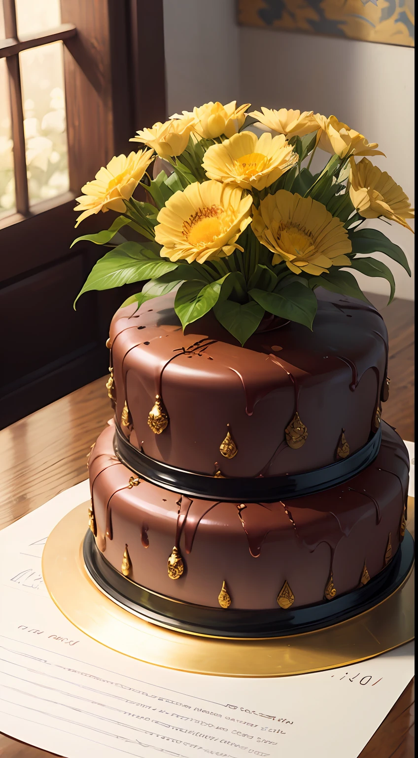 An elegant arrangement of ornamental flowers in soft colors, encased in golden lacy paper and adorned with a luxurious bow. --ar 2:3 --s1000 --v5 --q2 --upbeta -a750 --auto