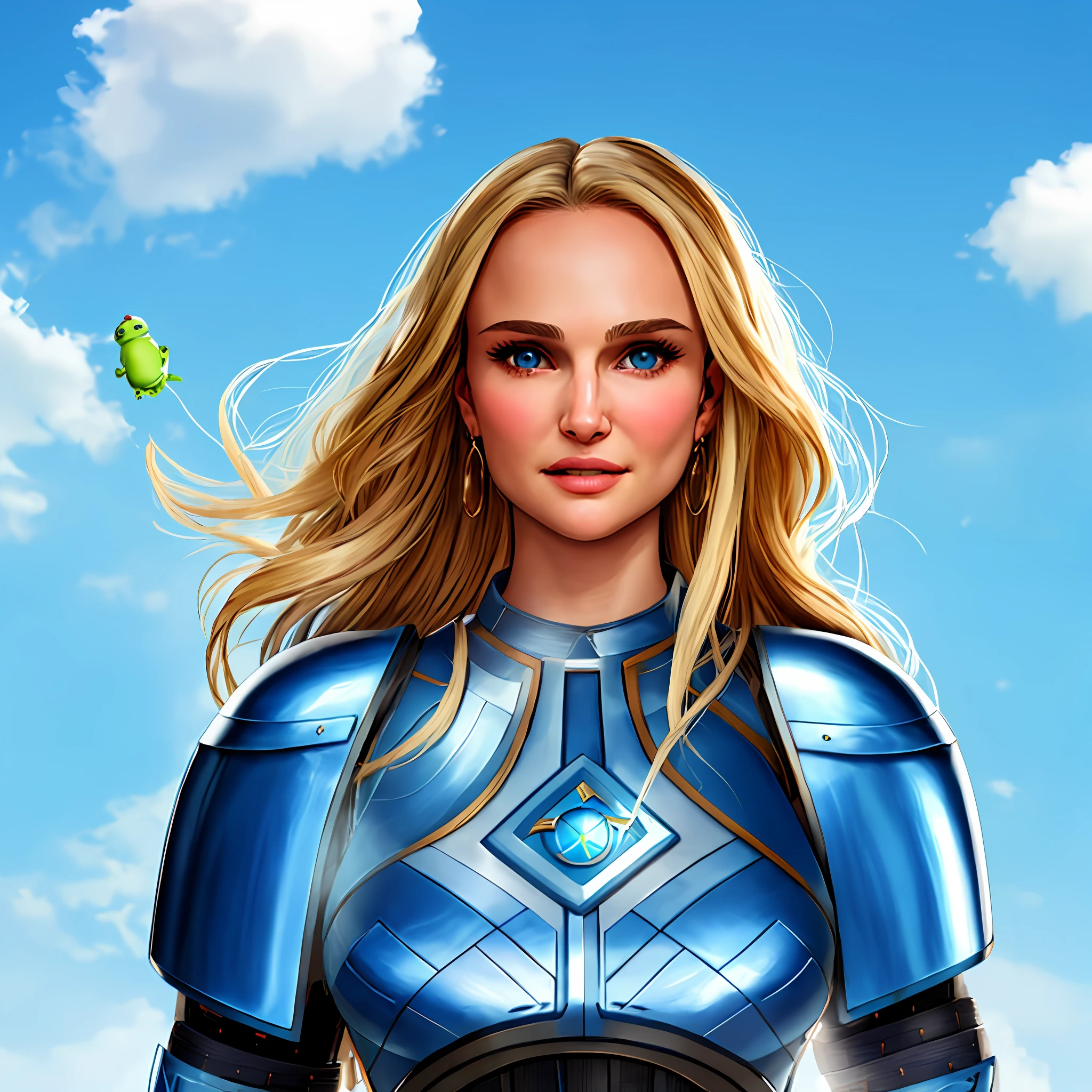 a half body photo of a warrior woman with (((plain blue color armor))),lady thor,(natalie portman),blonde long hair,brown eyes,looking at camera,(((happy face))),baby face,wonderful pupils,wonderful irises,wonderful eyelids,centered,passport photo,looking at camera,goddess body,happy smile, hyperrealistic ”, album art for char zulu, fvckrender, slimer, she, depicted as a pixar character, light-skinned, juno promotional image, viridian and venetian red, unusually unique beauty, beautiful android woman, featured on cg society, greg irons,clouds on (((blue sky background)))