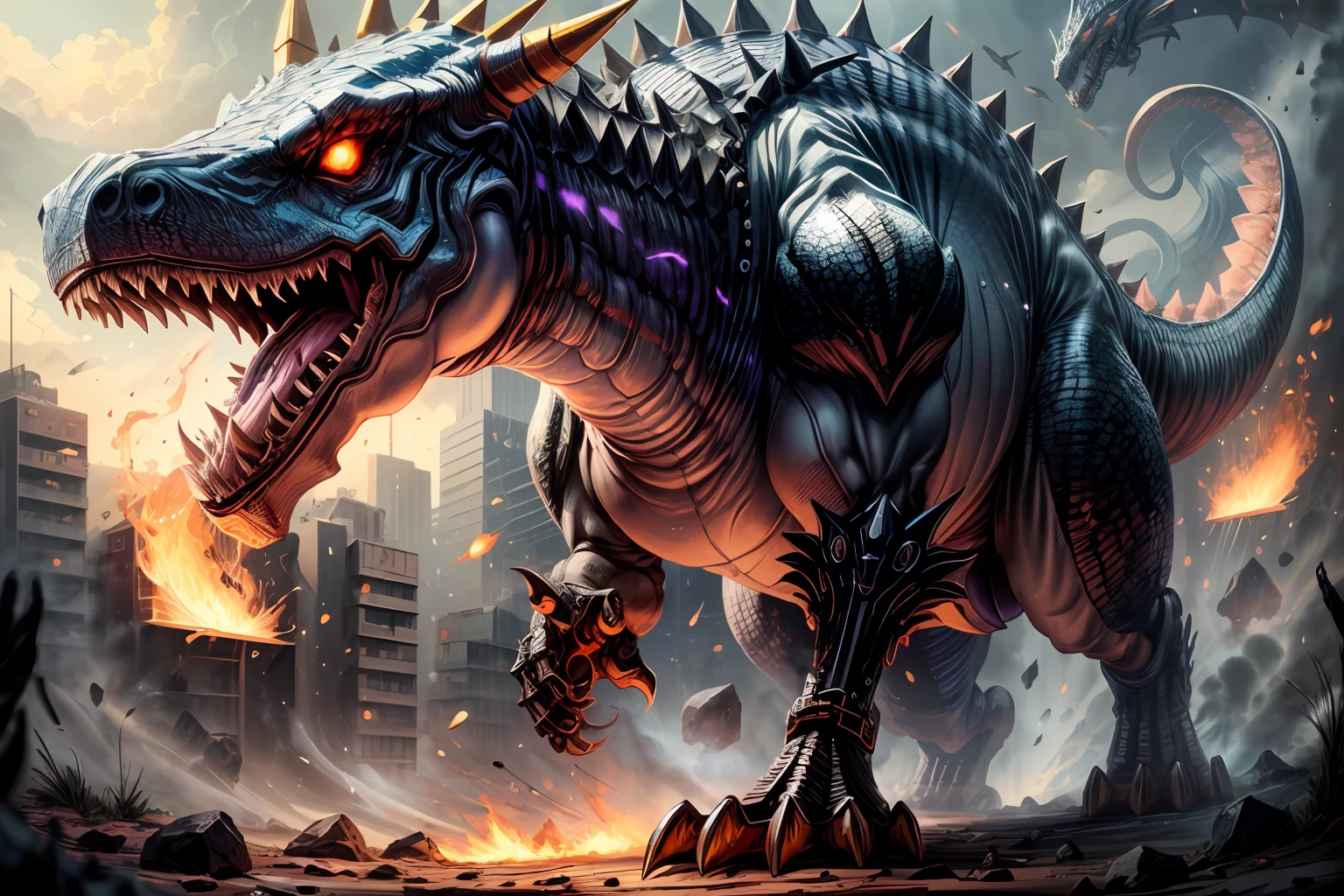 (robotic black and red t-rex),(masterpiece, Extremely detailed, 8k, photorealistic,UHD,best quality, highres:1.3),robort,(photorealistic:1.2)(dept of field:1.2),dof, absurdres, (realistic:1.5),fine detail, HDR, perfect illumination, distinct, , (open mouth),(cybernetic body),(fangs:1.2),(post-apocalyptic lanscape:1.2), wings, (claws),cyberpunk,electronic part,(breathing purple_fire:1.3),detailed eyes, film grainy, insane details, intricate details, hyperdetailed, unreal engine, trend on artstation,highly detailed,science-fiction,futurist, (mechanical),close up, rex,dinosaurus, triceratops,t-rex,thin,ancient rex,armor rex,high class creature, myth creature,chaotic,armored,mecha:1.5,robot, angry,god creature,close up,