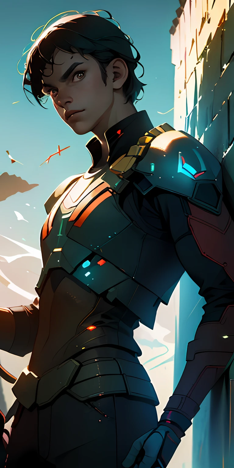 (best quality, masterpiece, octane render), futuristic soldier having a break, leaning against a wall, particle, wind, looking at viewer, backlighting, upper body, pose