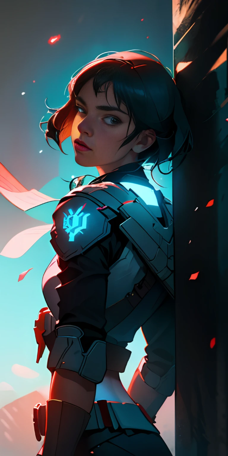 (best quality, masterpiece, octane render), futuristic soldier having a break, leaning against a wall, particle, wind, looking at viewer, backlighting, upper body, dynamic pose