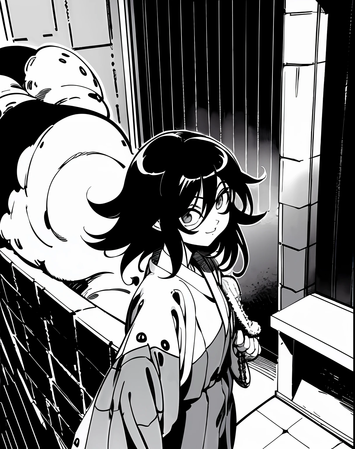 Kuroki-Tomoko usando roupas casuais de inverno na rua, (nevando), VHS, fundo branco, vintage, (cabelo cobrindo os olhos), casaco preto, manga style, ((monochromatic)), olhos verdes, ((cabelo sobre um olho))