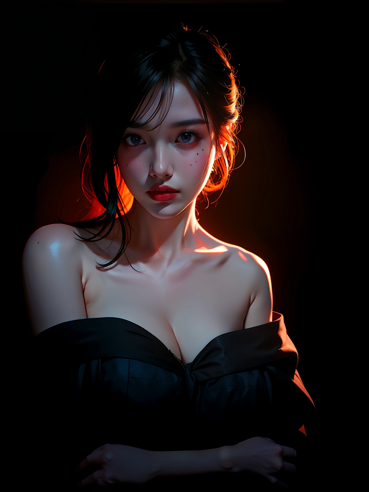 Best quality, masterpiece, ultra high res, (photorealistic:1.4), raw photo, 1girl, offshoulder, in the dark, deep shadow, low key, cold light