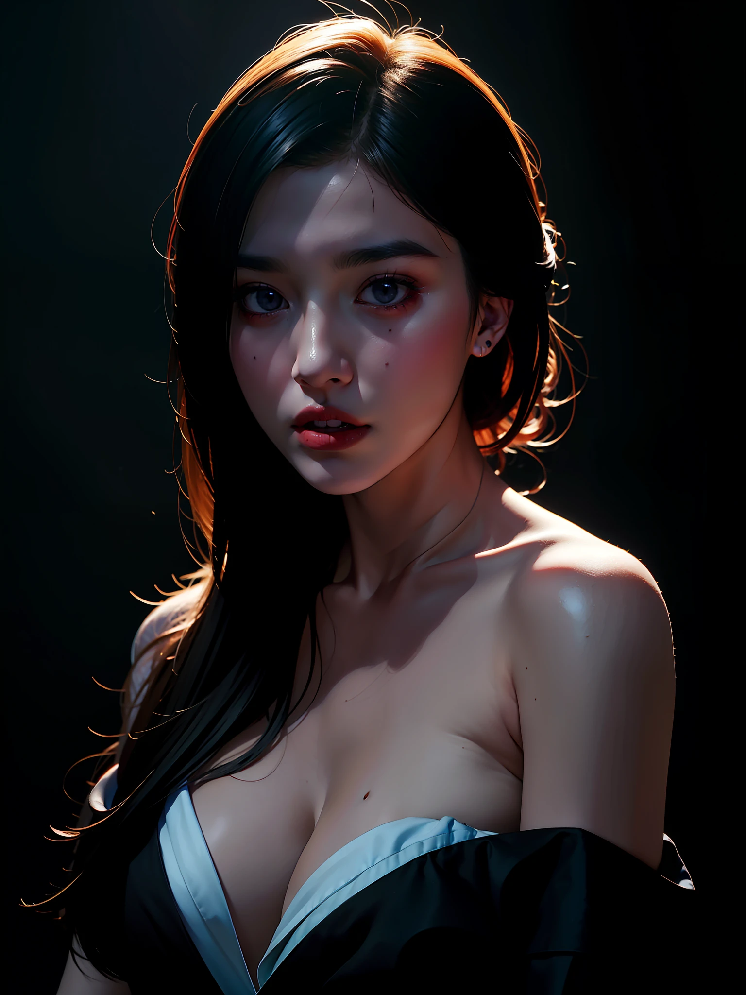 Best quality, masterpiece, ultra high res, (photorealistic:1.4), raw photo, 1girl, offshoulder, in the dark, deep shadow, low key, cold light
