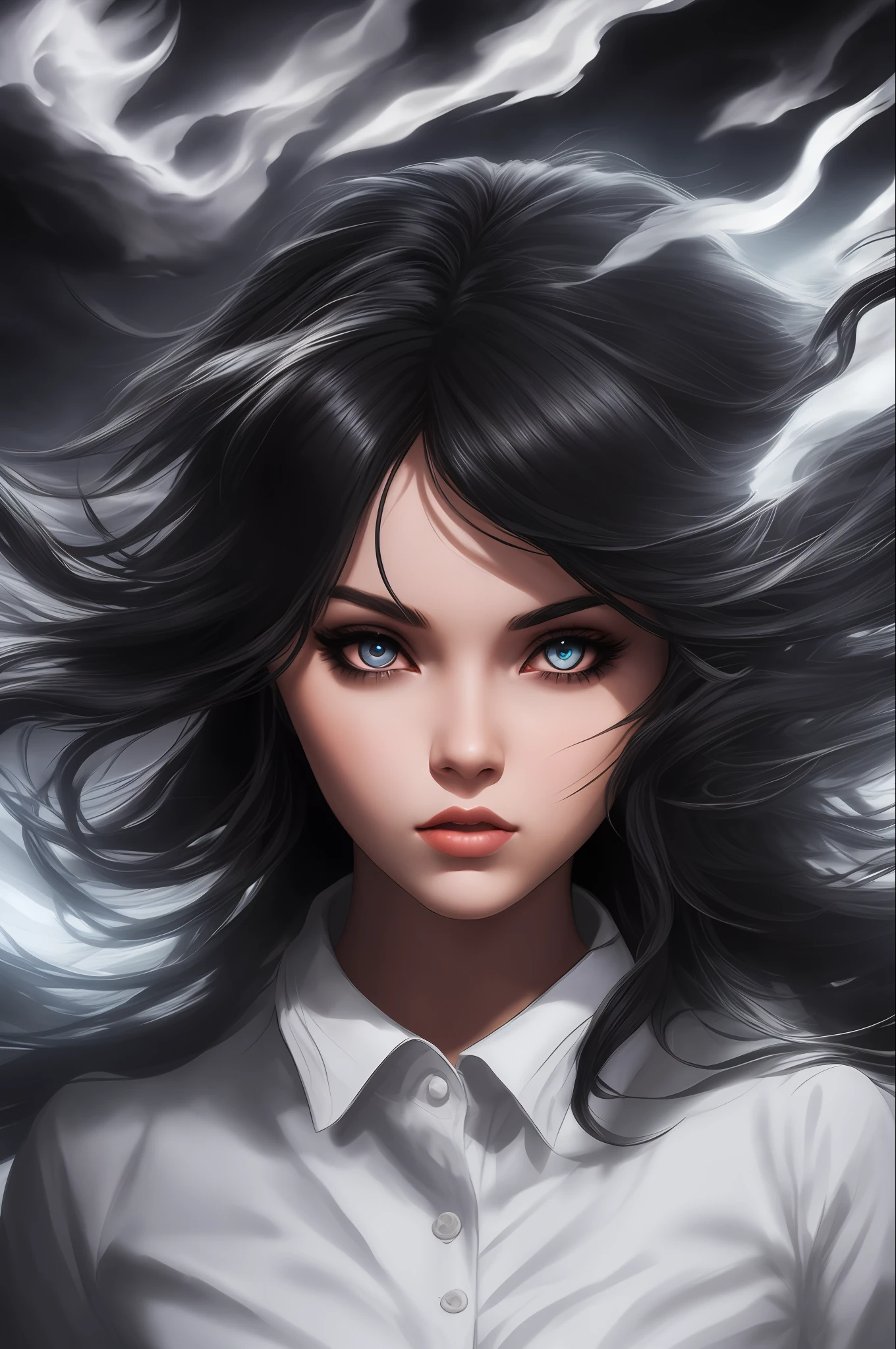 cute girl with big eyes, black clouds, dynamic dark smoke, swirling black wind, dark texture, 32k concept art, cinematic lighting, hyper detailed, hyper realistic, juicy bright colors, hair highlighting, volumetric lighting, warm HDR, 500 pixels, high contrast, mystical, rough shading, dynamic lighting, octane rendering