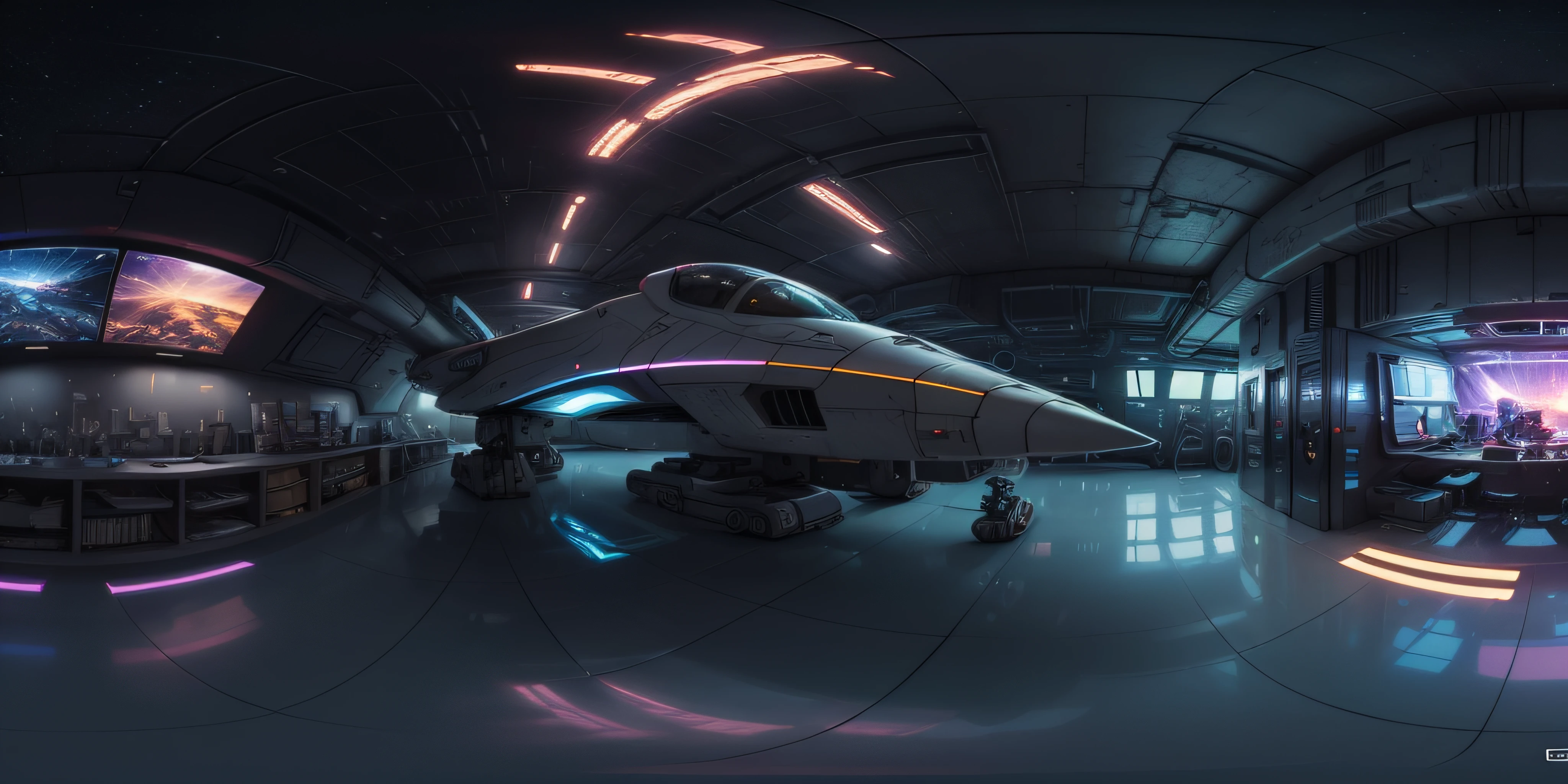 a 360 equirectangular panorama modelshoot style, (extremely detailed CG unity 8k wallpaper), inside of a sci-fi spaceship, aliens, technology, dark, night time, neon lights, star trek, by Jeremy Mann, Greg Manchess, Antonio Moro, trending on ArtStation, trending on CGSociety, Intricate, High Detail, Sharp focus, dramatic, photorealistic painting art by greg rutkowski