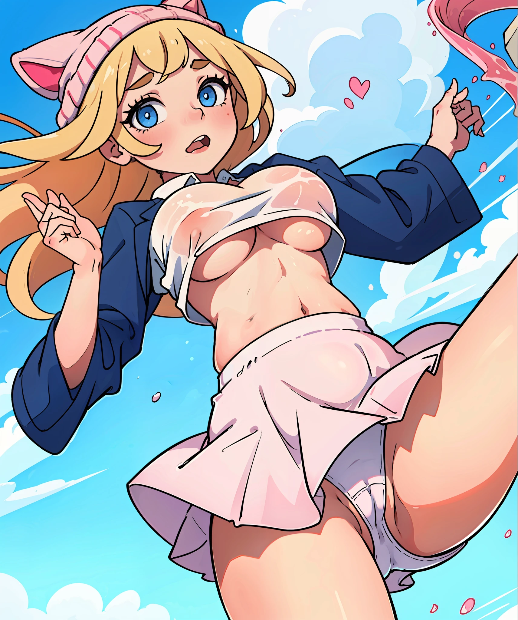 (melhor qualidade: 0.8) (nsfw), masterpiece_illustration, cameltoe, legs opened, sky_background, sharp_focus, menina, solo, adolescente, long_blond_hair, white_collar_polo_shirt, long_sleeves_pink_shirt_outer, white_short_skirt, pink_kitty_beanie, white_legwears, blue_eyes, big_breasts, sem brilho, underboob, lactation, wet