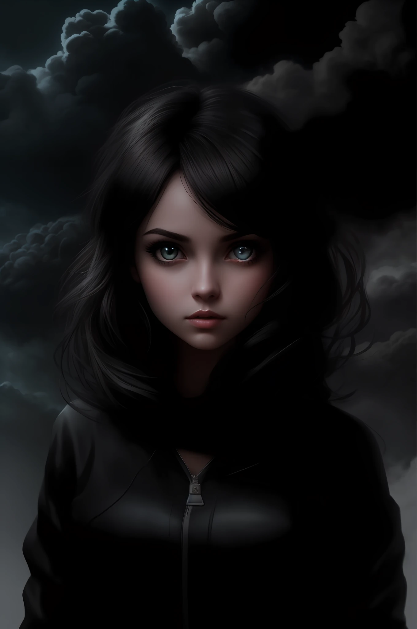 Cute one girl with big eyes, black clouds, dynamic dark smoke, swirling black wind, dark texture, 32k concept art, cinematic lighting, hyper detailed, hyper realistic, juicy bright colors, hair highlighting, Volumetric lighting, warm HDR, 500 pixels, high contrast, mystical, rough shading, dynamic lighting, Octane rendering