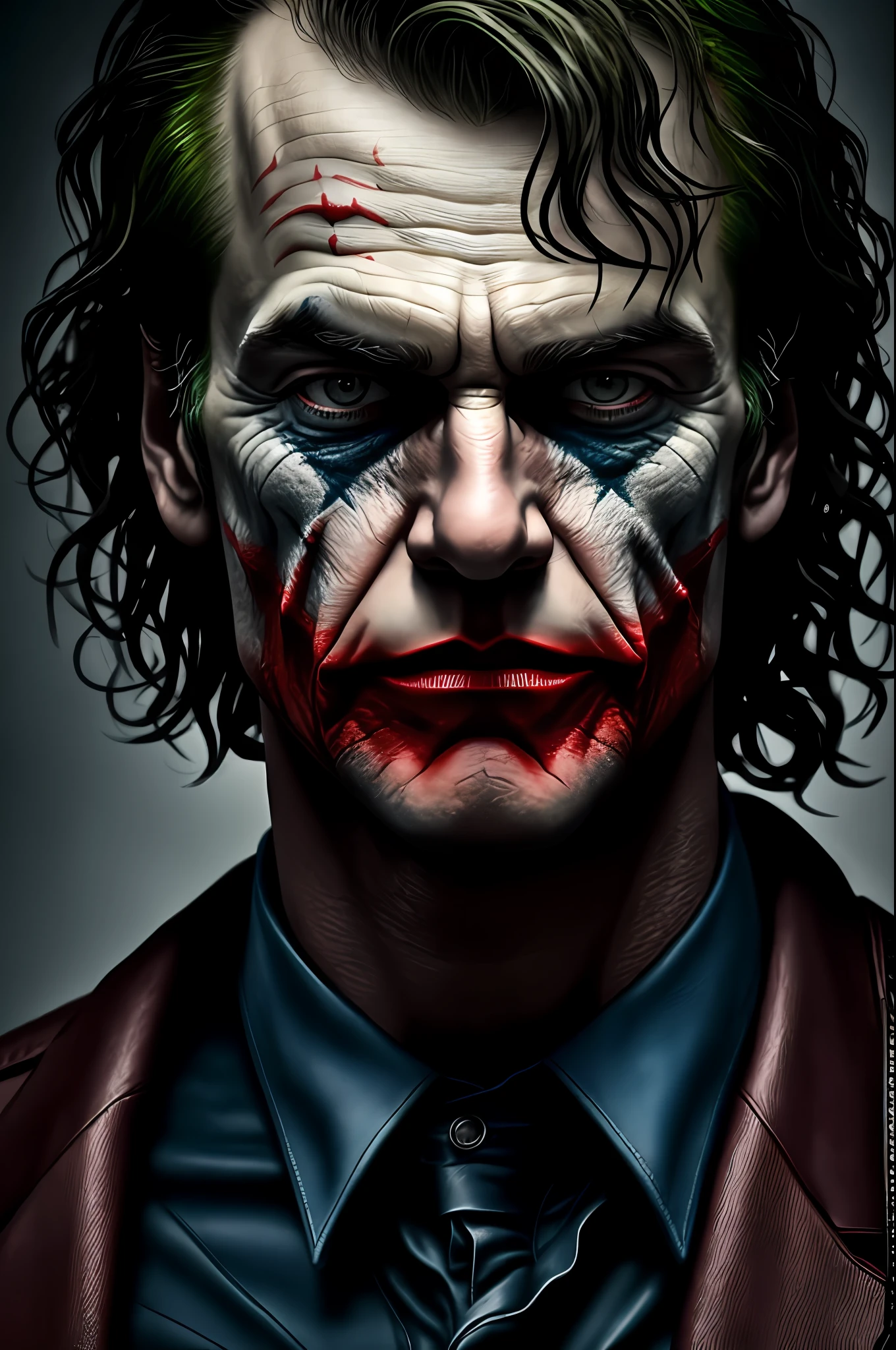 masterpiece, best quality, realistic, half body shot of Joker, DC universe cinematic, detailed face, 8k, uhd, sharp focus