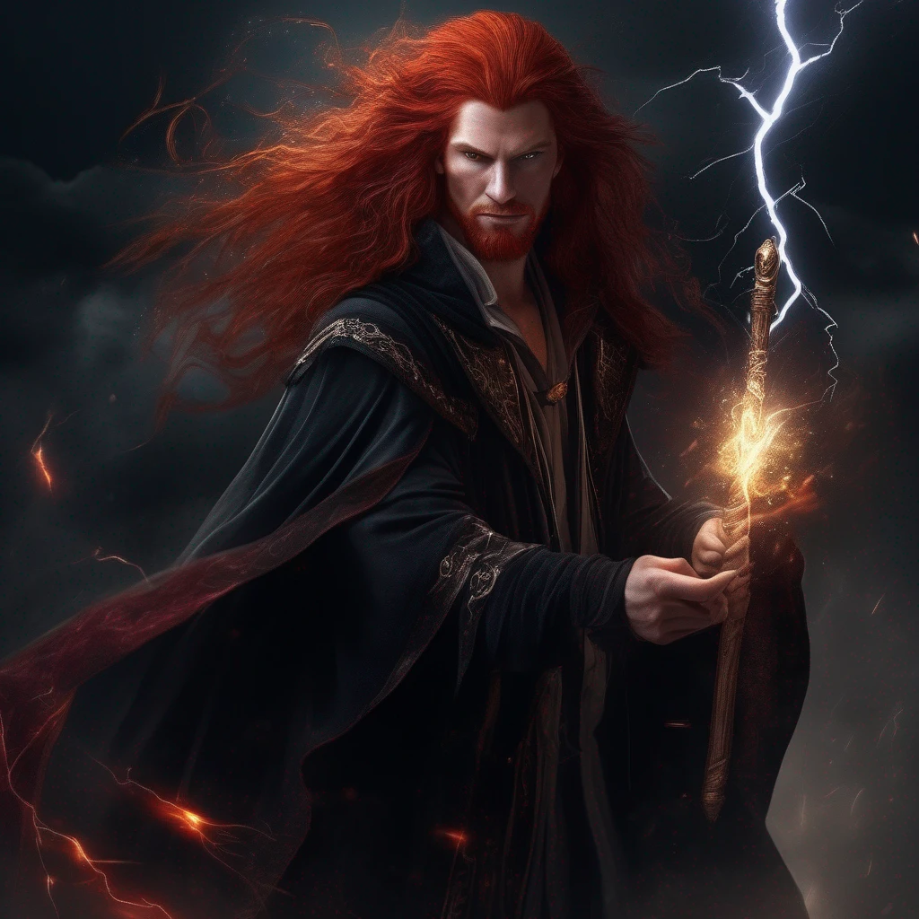 fantasy, HighQuality, Perfect, Red-haired sorcerer in a black robe, staff, storm, Lightning, Powerful magic