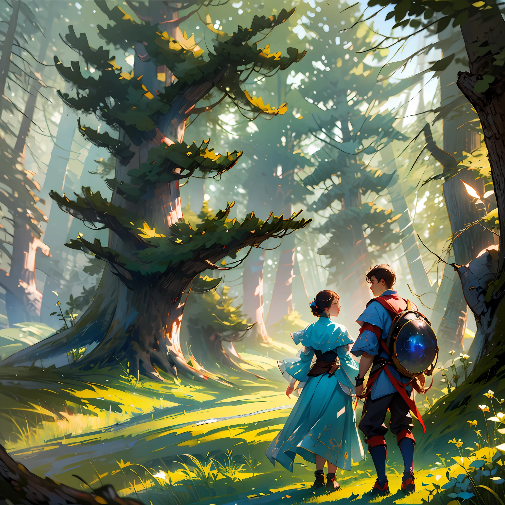 An image showing Leo and Sofia meeting the guardian in an enchanted forest, with the tall trees and the sunlight shining through the branches. --auto